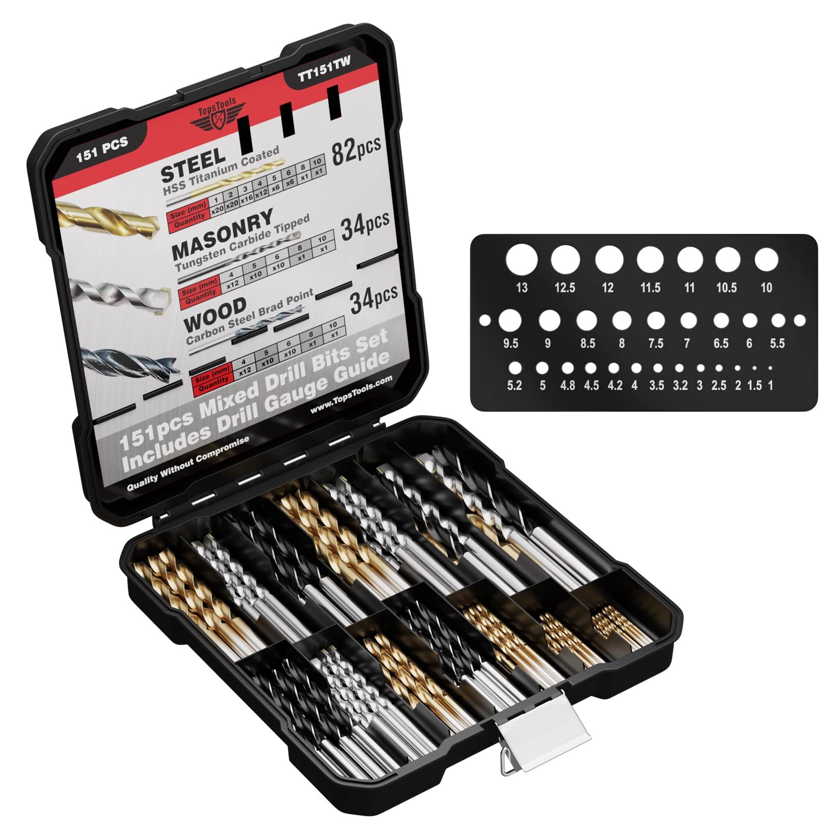 TopsTools 151pcs TT151TW 1mm 10mm Legno Cemento Mattone Punte trapano | Mixed HSS, carbide masonry e brad-point legno bits offrono durevole foratura across metallo, masonry, legno e plastica