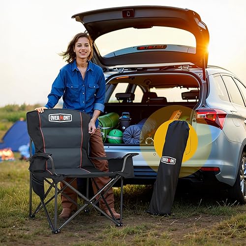 Miniatura 9 de Overmont Silla de campamento de gran tamaño de 385 libras, con soporte acolchado, portátil, plegable, marco de acero resistente, plegable con