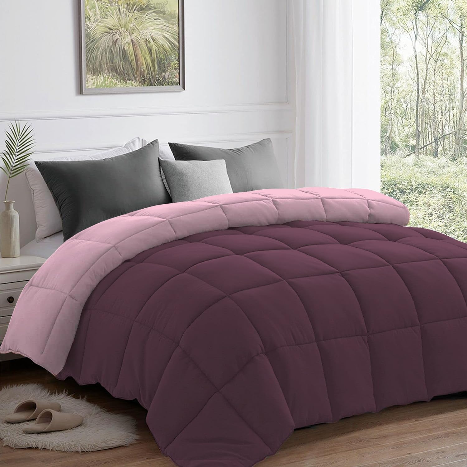 Reversible Comforter 220 GSM Microfiber Reversible AC Comforter/Blanket for Winter/Quilt/Dohar/Duvets for King Size Blanket/Comforter Double Bed (Cameo & Plum, 90 * 100")-image-45