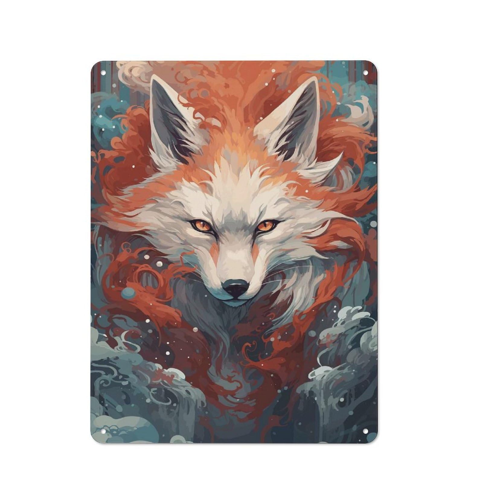 Junmoney Style-1 Japanese Fox Art Red Fire Industrial-Style Tin Sign 40X30cm For Café Or Home Bar, For Cooler-Month Interiors With Industrial Character