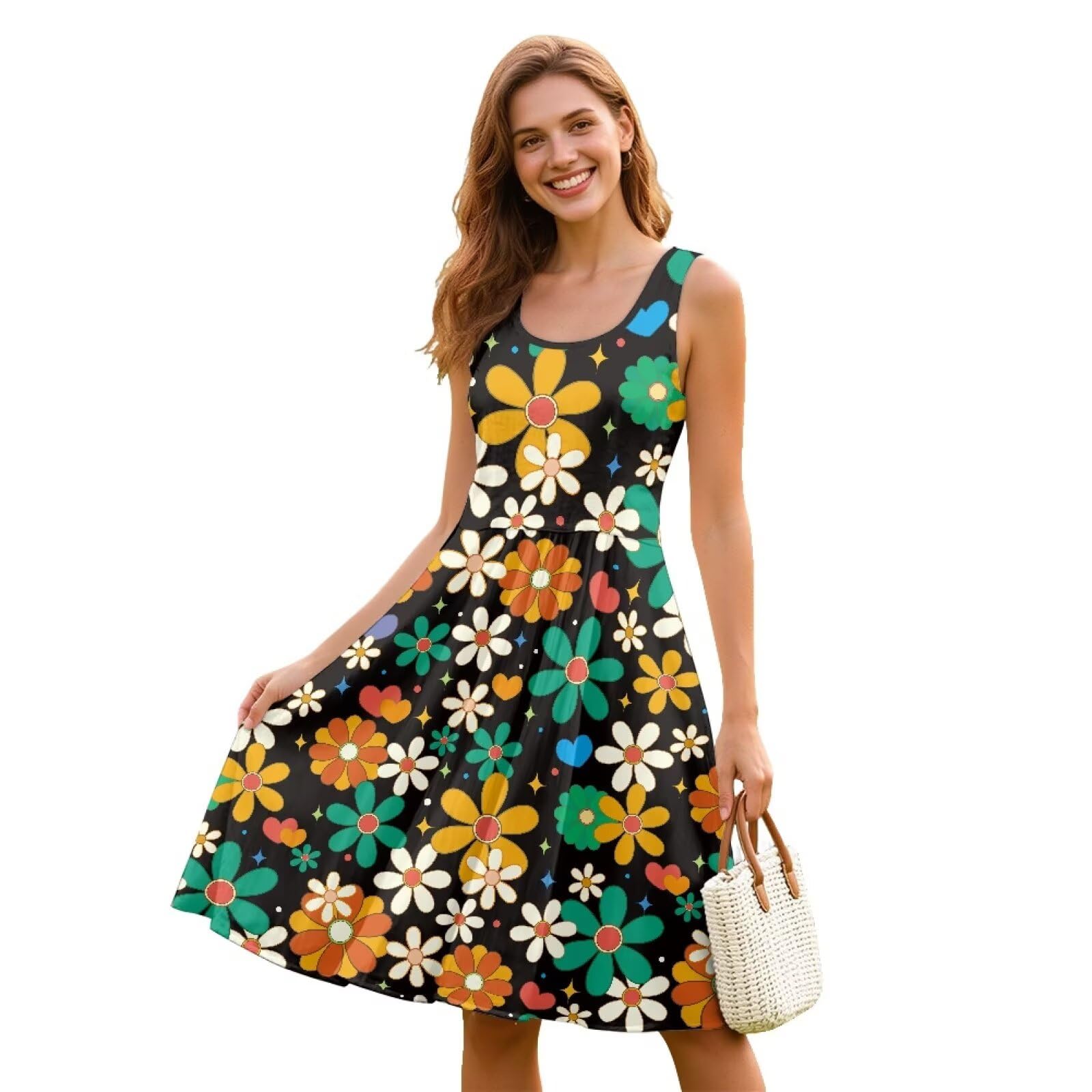 Women Stylish Tank Dresses Sleeveless Round Neck Midi Casual Dress with Pocket for Summer