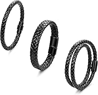SOMEITIA 3PCS Genuine Italian Braided Leather Cuff Bracelets for Men Women - Black Brown Stainless Steel Clasp, 7.5-9 Inch Wrap Wristbands