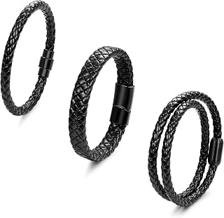 SOMEITIA 3PCS Genuine Italian Braided Leather Cuff Bracelets for Men Women - Black Brown Stainless Steel Clasp, 7.5-9 Inch Wrap Wristbands