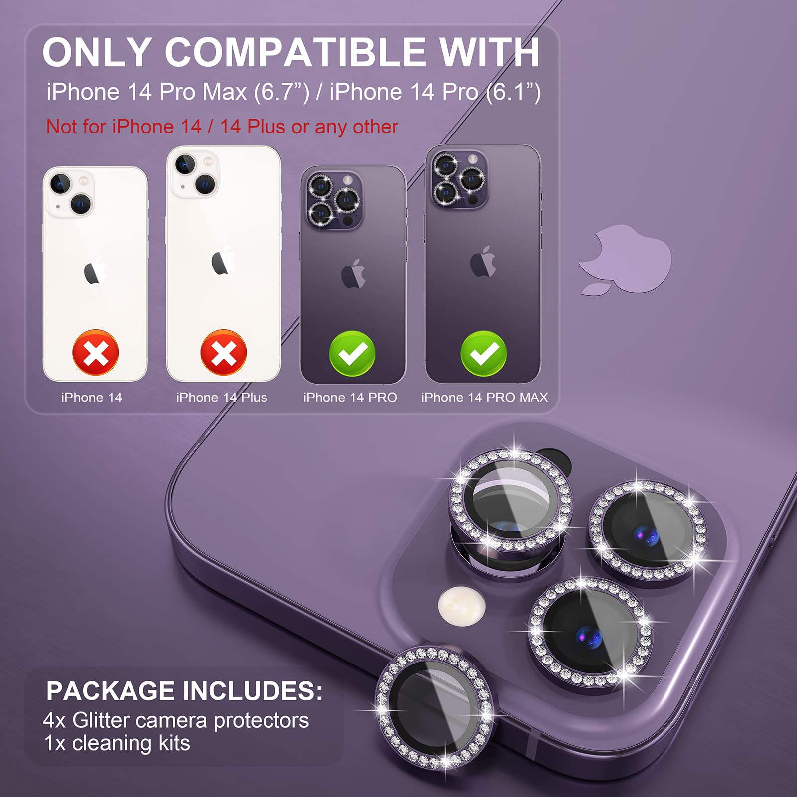 [3+1] Choiche dla iPhone 14 Pro / iPhone 14 Pro Max osłona obiektywu aparatu, szkło hartowane 9H, osłona aparatu, ochraniacz ekranu, metalowy pierścień, akcesoria dekoracyjne (bling-fioletowy)