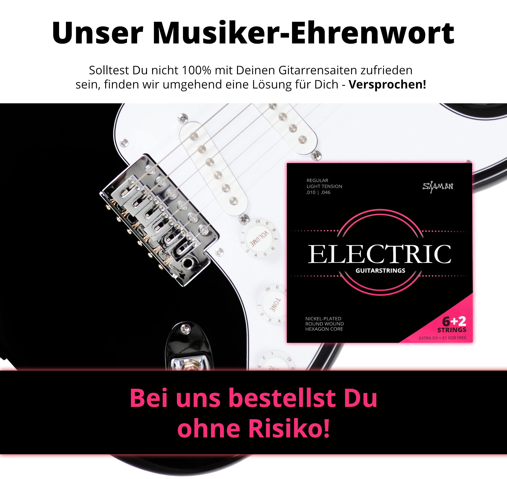 Shaman Electric Saiten für E-Gitarre inkl. 2 Ersatzsaiten und 3 Plektren | Kompletter Saitensatz für E-Gitarre, Custom Light Tension (.010, .013, .017, .026, .036 und .046), Alle Saiten mit Ball End