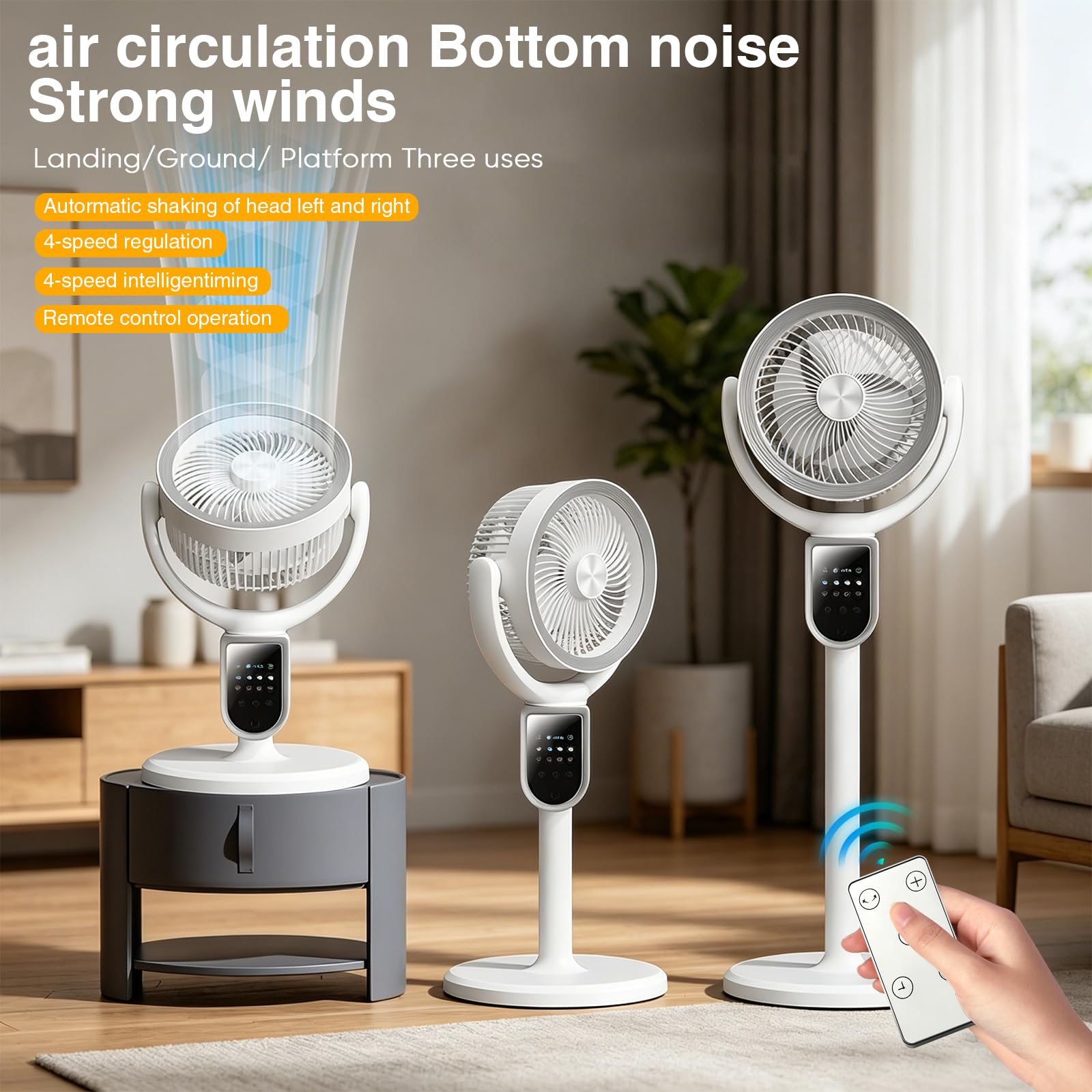 WIWOLER Standventilator Sehr Leise, Ventilator mit Fernbedienung | 3-in-1 Höhenverstellbar, 140° Oszillation, 4 Stufen, 9H Timer, USB & Akku, für Schlafzimmer und Büro