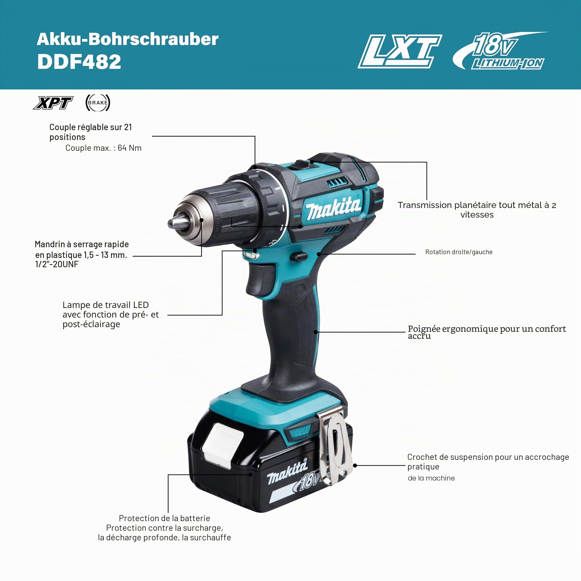 Perceuse visseuse 18V LXT (2x3,0 Ah) en MAKPAC - Makita DDF482RFJ