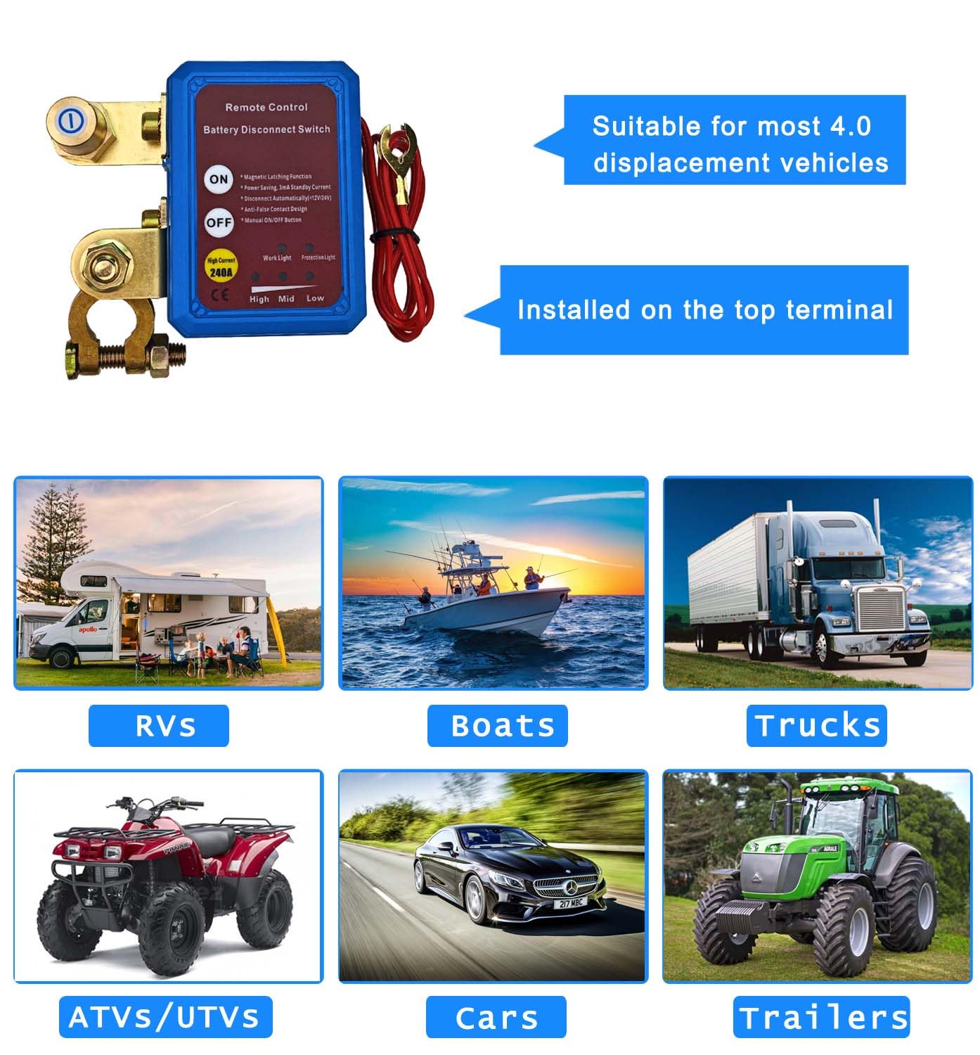 Venquda 12V 240A Kill Switch - Blue Push Button Battery Disconnect For Car, RV, Boat (Automatic Cut-Off) - View #2