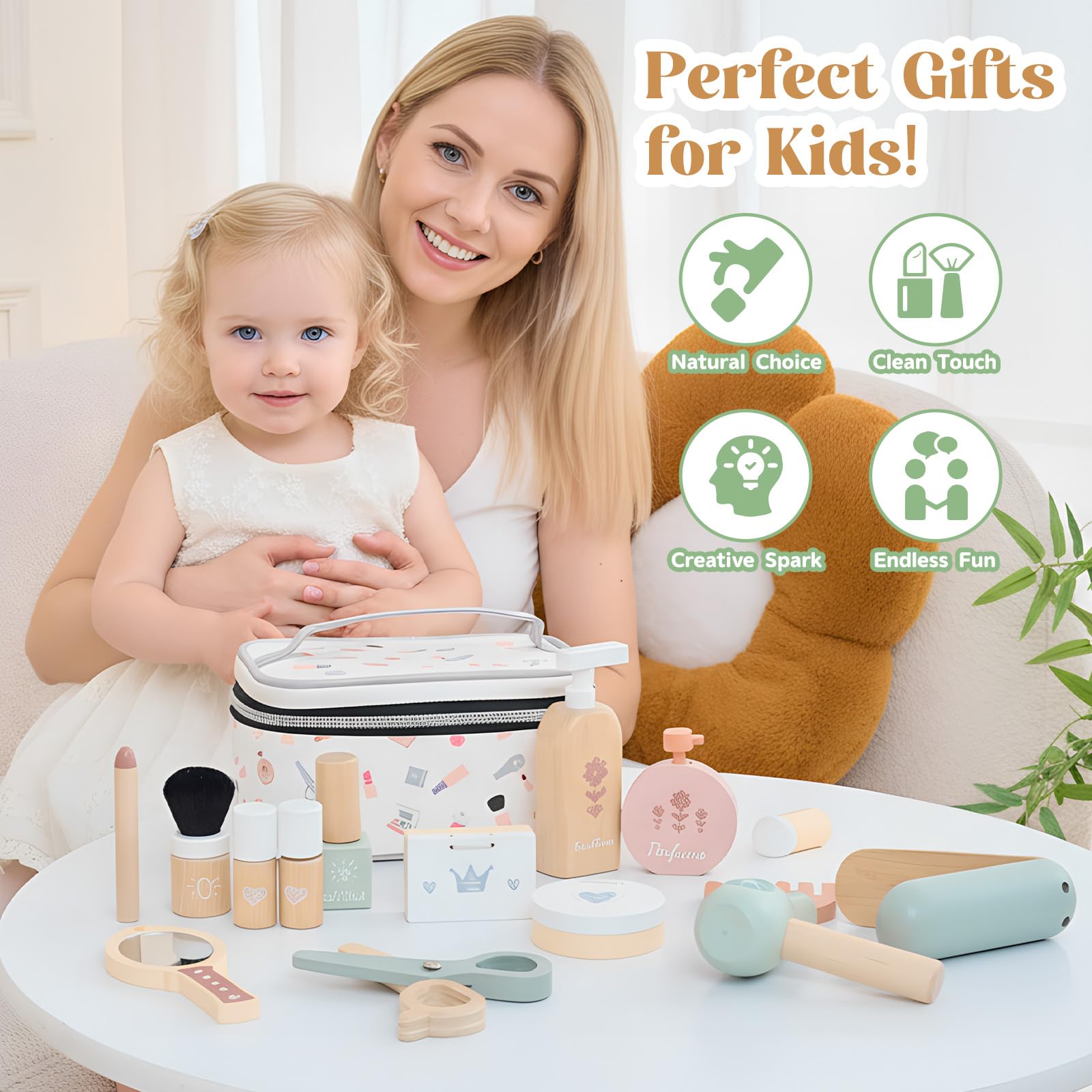 GAGAKU Set di trucchi in legno per ragazze dai 3 anni in su, con accessori realistici come rossetto e specchio, perfetto per bambini