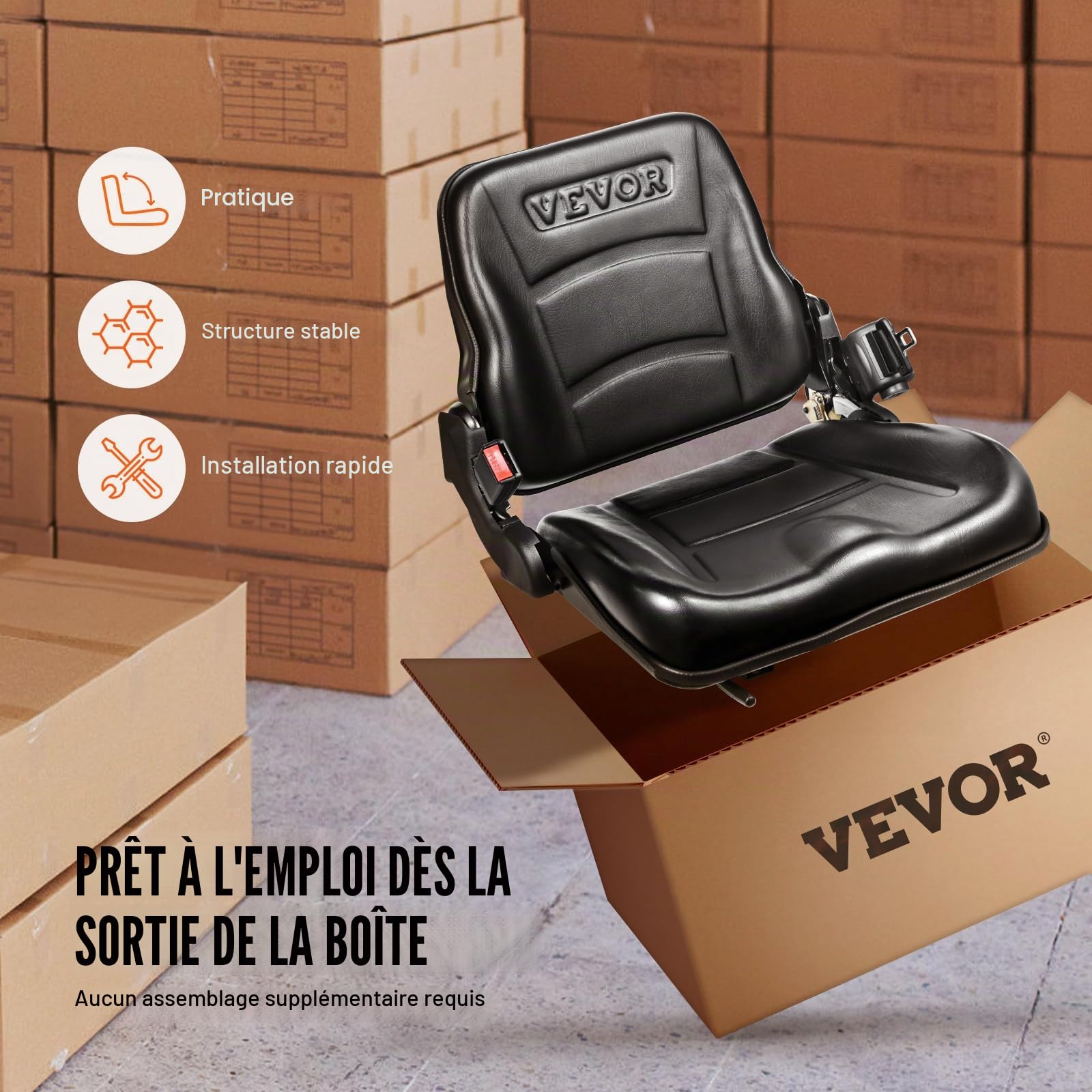 VEVOR Siège de Chariot Élévateur Universel Siège de Tracteur Rabattable Dossier à Angle Réglable Micro-interrupteur Ceinture de Sécurité Rétractable Fente Étendue 160-340 mm pour Chargeur Excavateur