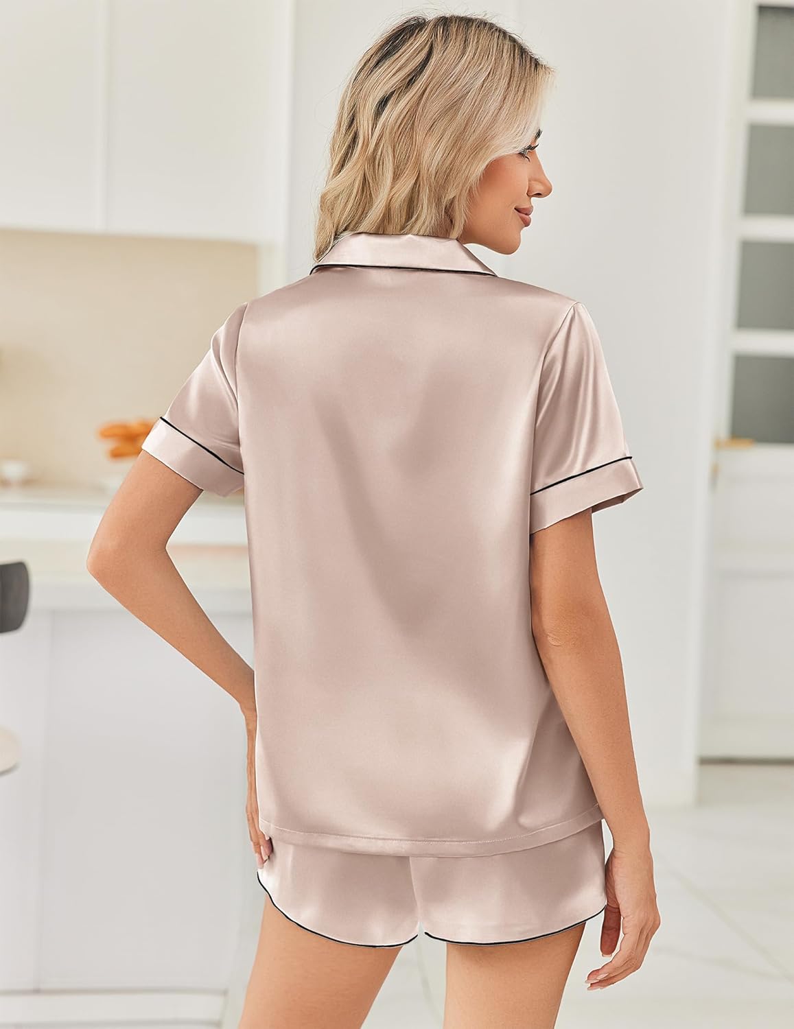 Ekouaer Womens Silk Satin Pajama Sets 2 Piece Button Down Silk Pjs Shorts Sets Cute Print Short Sleeve Sleepwear S-XXL - Image 2