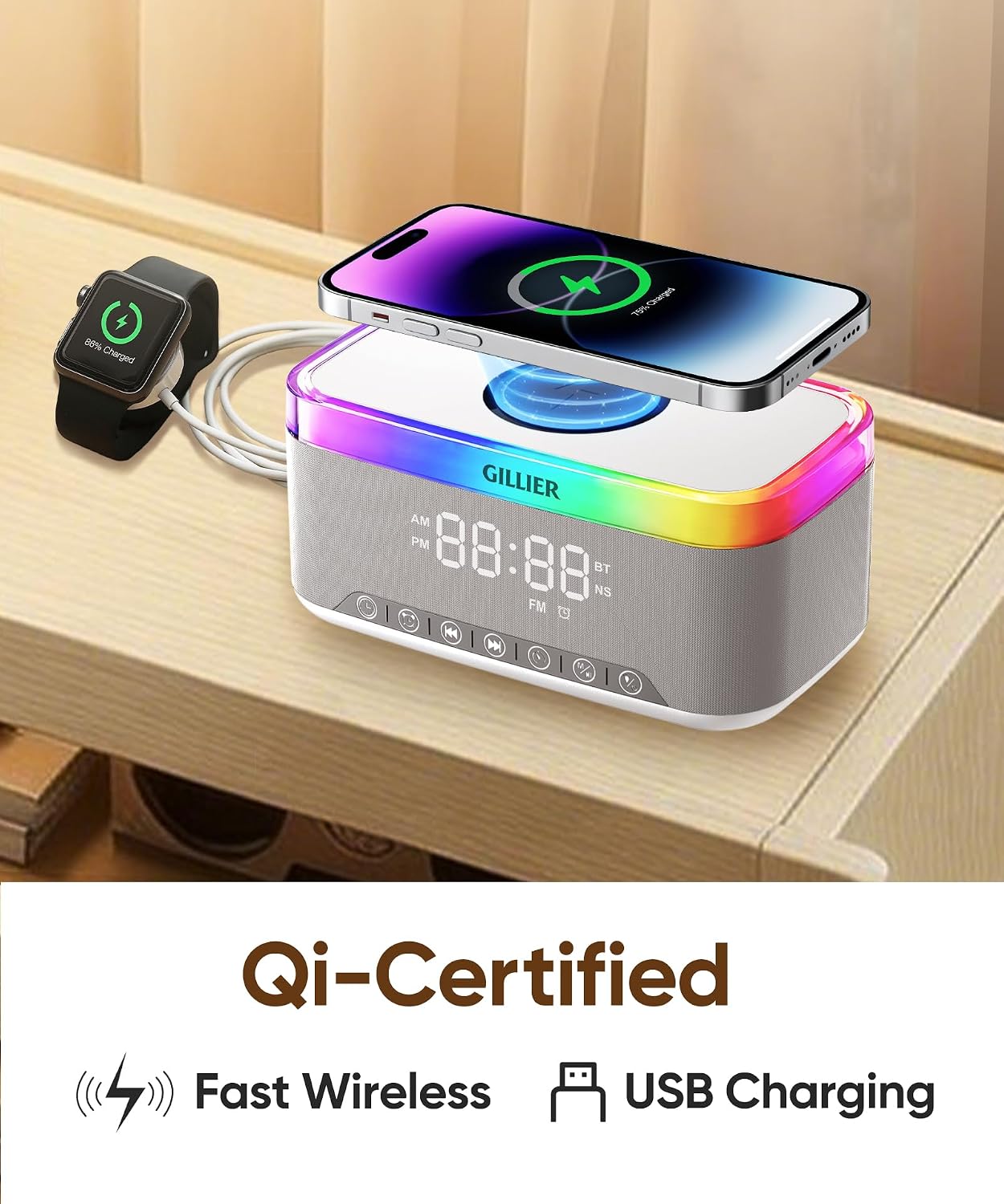 15W Wireless Charging Alarm Clock with Sound Machine & Speaker