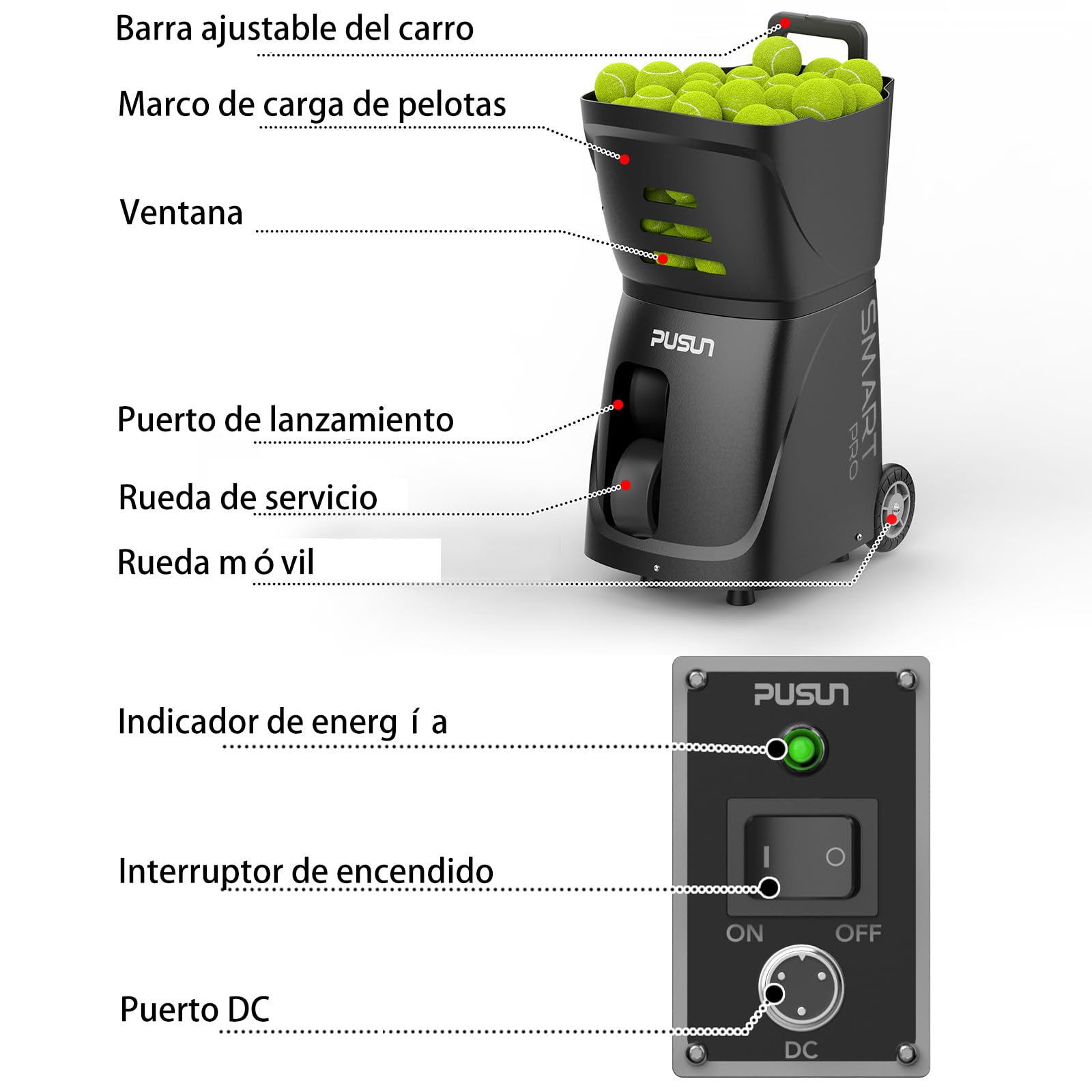 Genérico PT-Smart Pro-Máquina Lanzadora de Pelotas de Tenis, Control App, Efecto Topspin Profesional, 20 Puntos Programables, 100+ Pelotas, Batería 4-6h