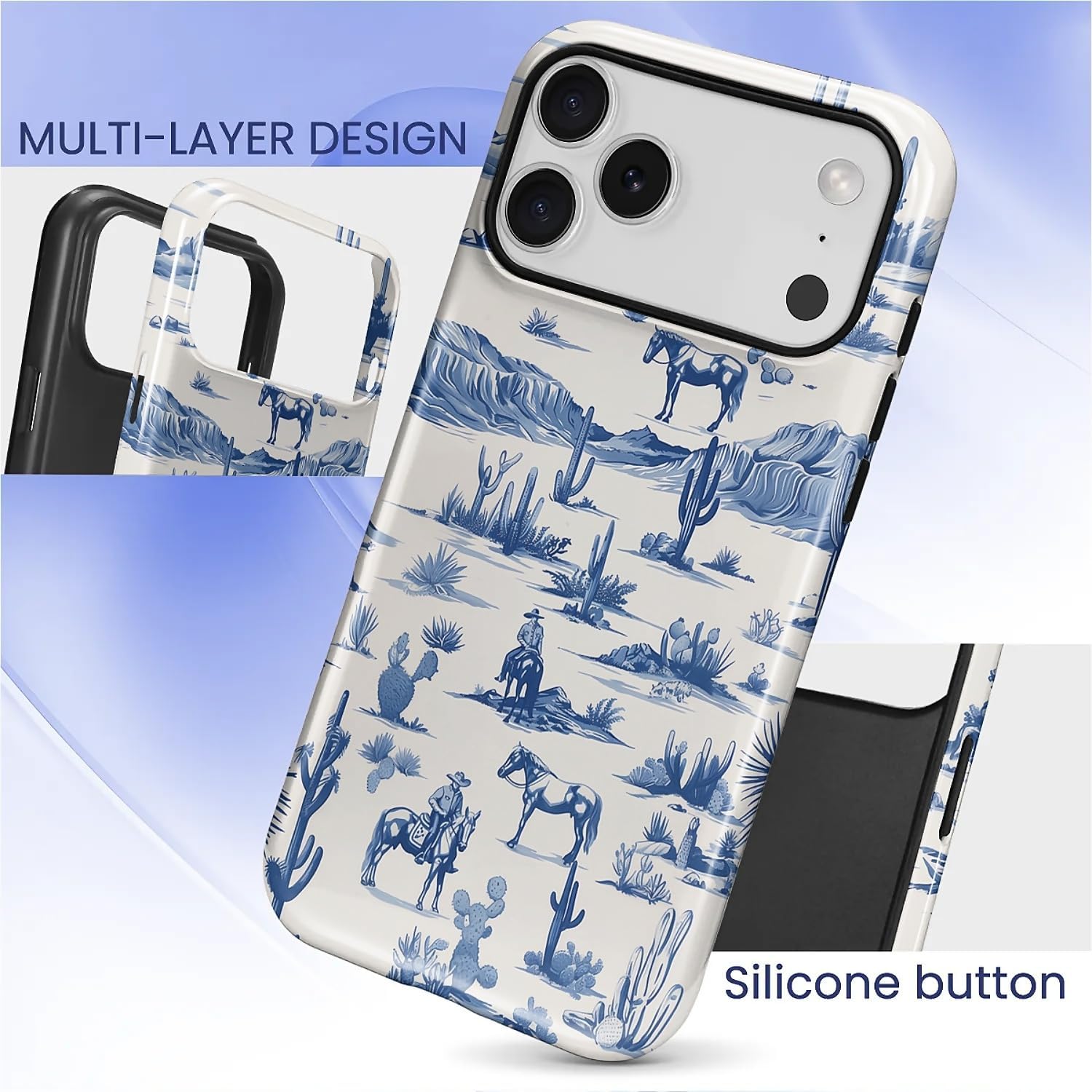 for iPhone 17 Pro Max Case, Hybrid 2-Layer Silicone Protective Glossy Case for Girl Women for iPhone 17 Pro Max Western Cowboy Horse Cow Desert Cacti Pattern - Image 4