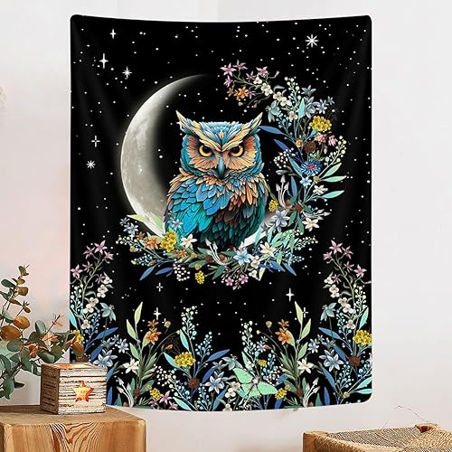 Tapiz vertical estético floral de búho bohemio, diseño de luna, lindo búho botánico, flor botánica, tapiz bohemio para dormitorio, decoración de