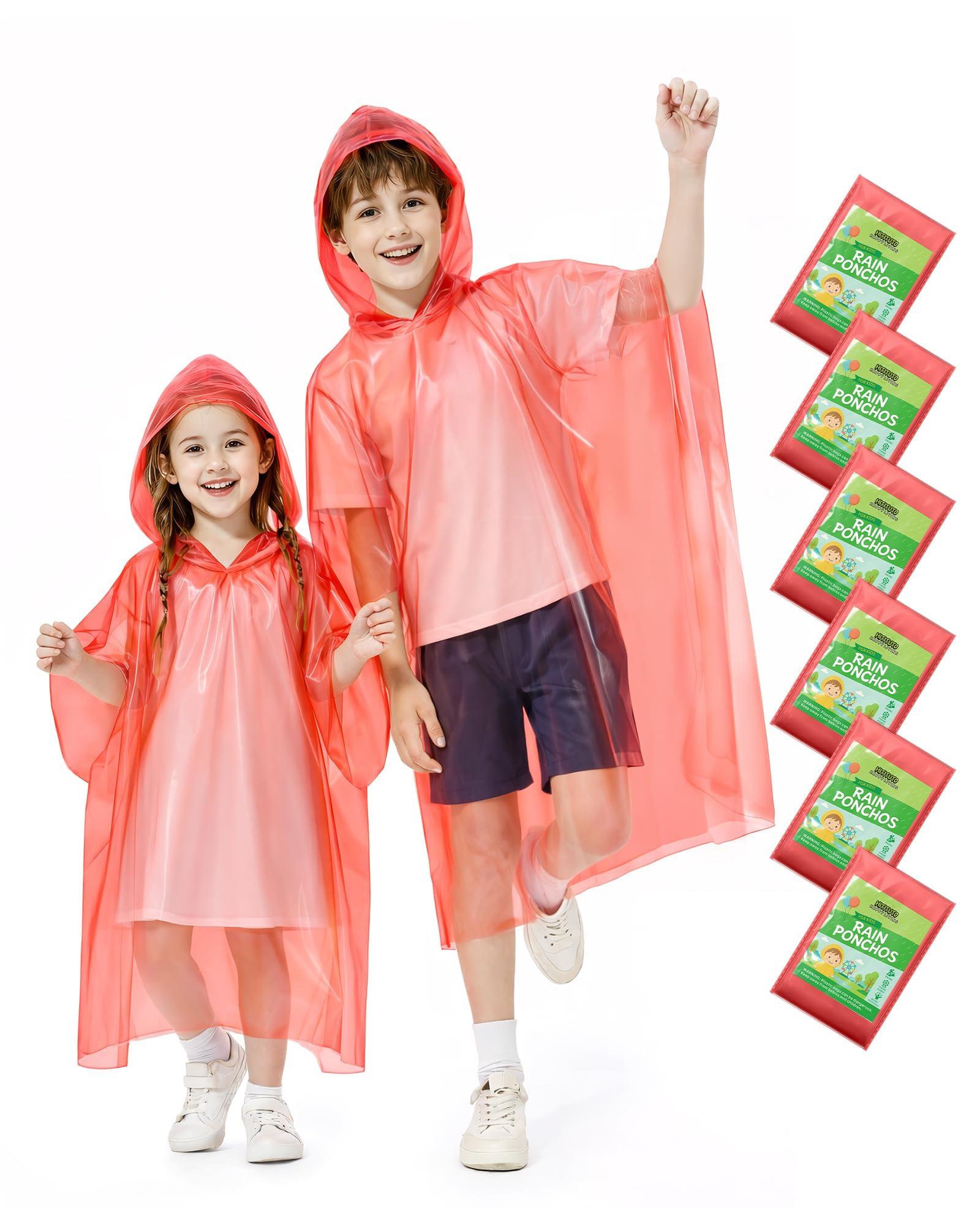 Hitituto Rain Ponchos Family Pack Kids– 6/12/24 Pack Disposable Poncho with Hood, Clear &amp; Assorted Colors, Home Survival Kits