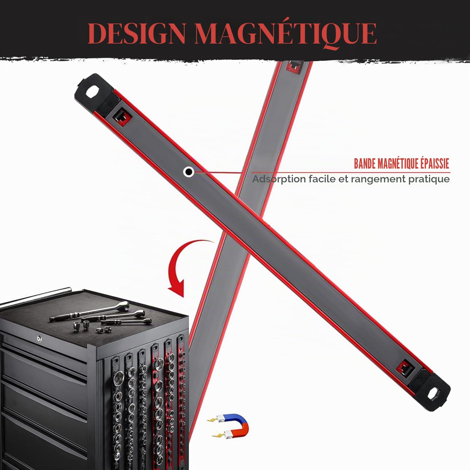 ACEBON Rail Porte-Douilles Magnétique 1/2" Lot de 3, Organisateur de Douilles en Aluminium Rouge avec 36 Clips Noirs, Support de Douilles pour Servante d’Atelier, Garage et Panneau Mural