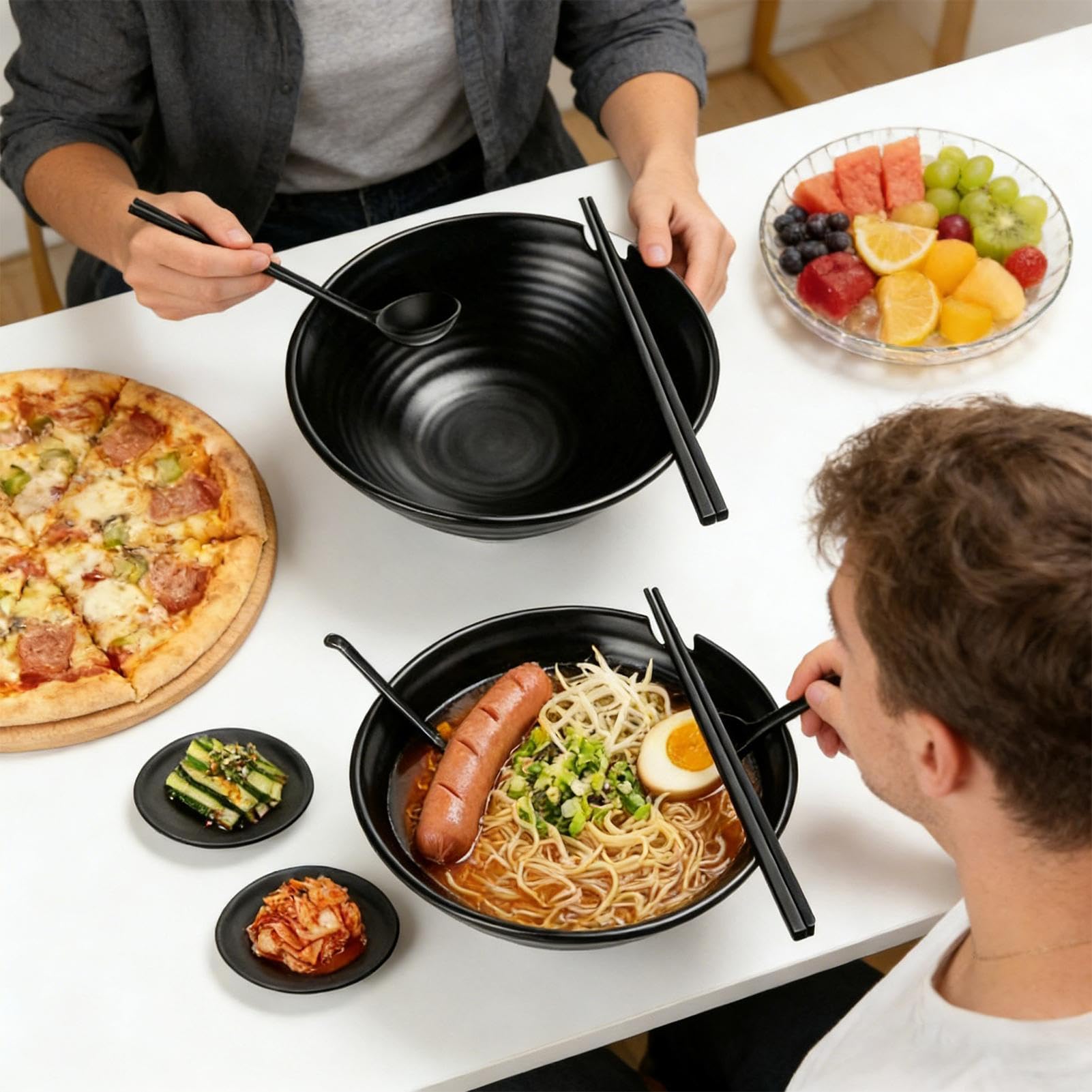 Bol à Nouilles Grand Japonais avec Baguettes et Cuillères | Bol Japonais pour Nouilles avec Soucoupes pour Nourriture Asiatique Dumplings Salade Pâtes Maison Restaurant