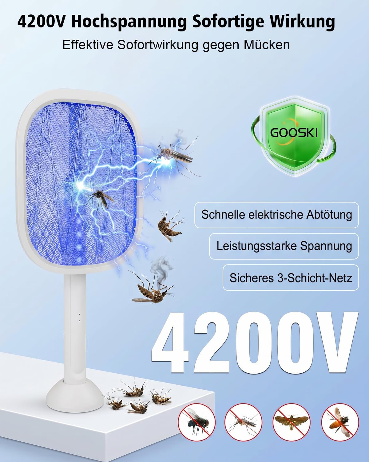 Elektrische Mückenklatsche 2-in-1 – Ausziehbarer Teleskop-Griff für Decken, 4200V Fliegenklatsche Elektrisch mit UV Lichtfalle, Klappbar mit Standfuß für Mücken & Motten
