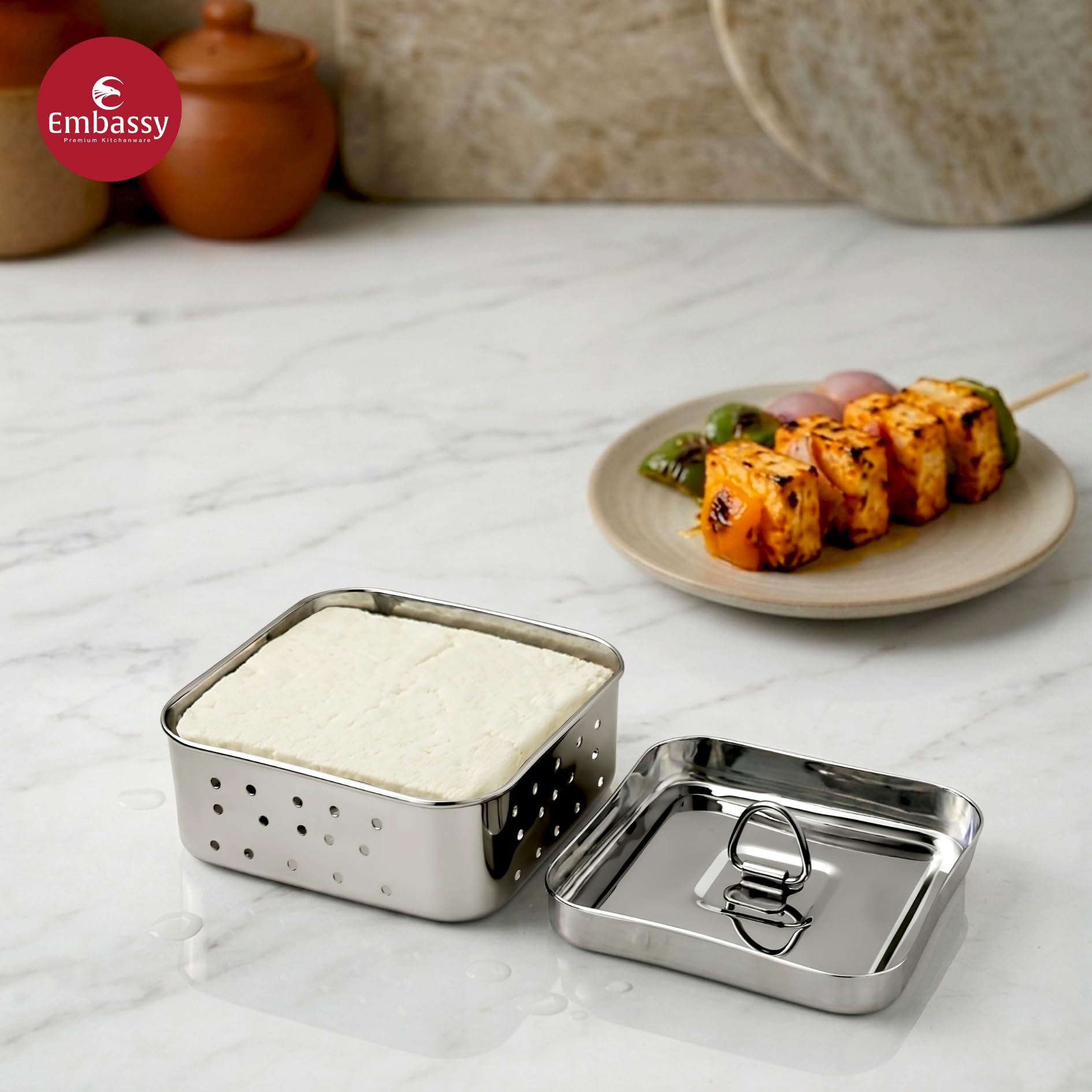Embassy Stainless Steel Square Paneer Mould/Maker/Strainer | 500 ml | Dimension 12.5 x 12.5 cms | Size 3 | Perfect for Making Homemade Paneer/Cheese/Tofu | Dishwasher Safe 2