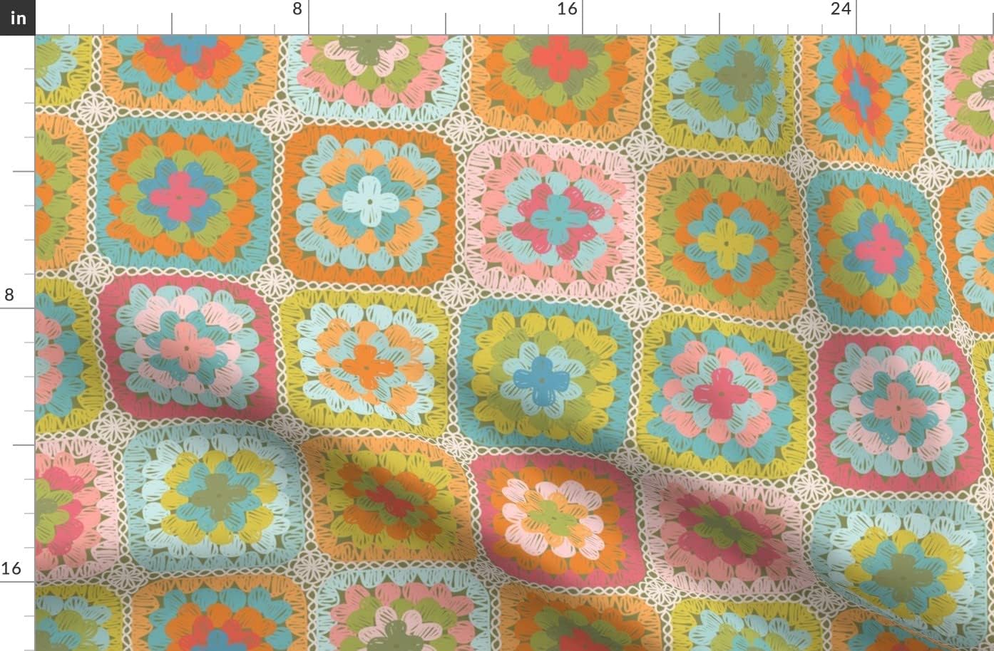 Spoonflower Fabric - Granny Squares Pink Green Blue Orange Fashion Bohemian Printed on Polartec(R) Fleece Fabric by The Yard - Sewing Blankets Loungewear and No-Sew Projects