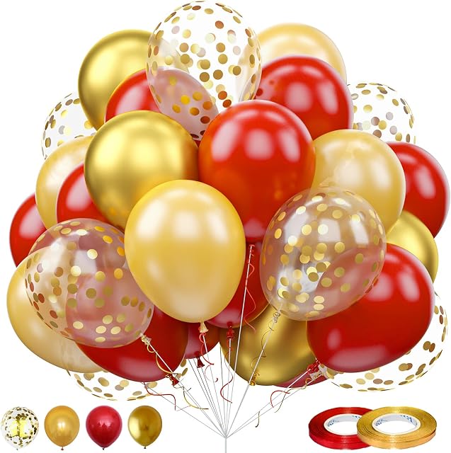 60 Pieces Balloons Red and Gold, 12 Inch Ruby Red Metallic Gold Pearl Gold Confetti Latex Balloons with Ribbon, Retro Red Gold Party Balloons Set for Wedding Graduation Birthday Baby Shower Decoration