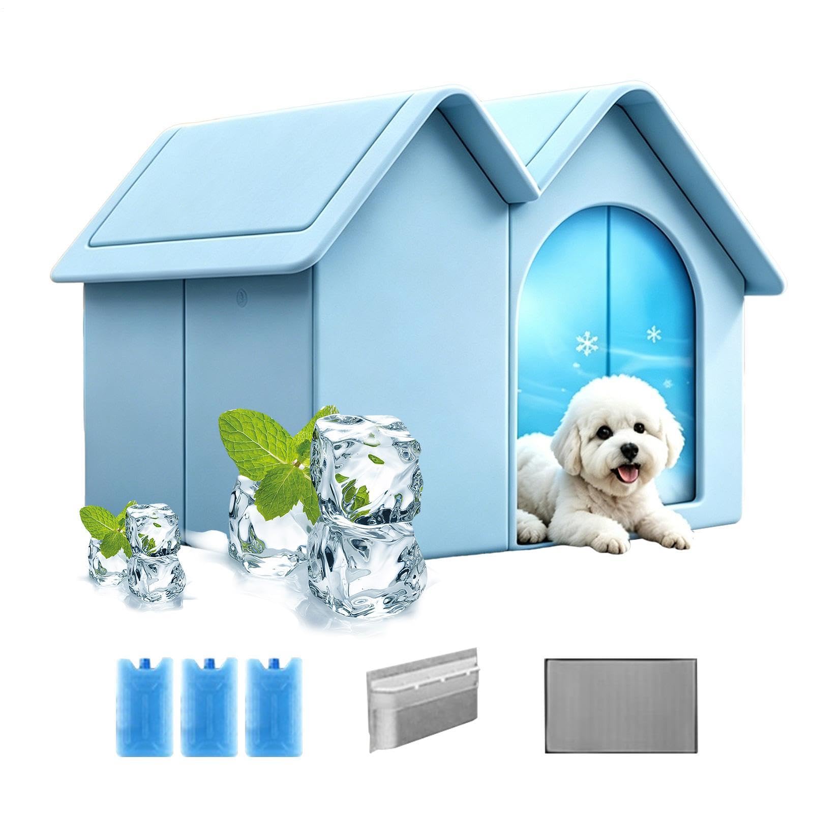 Niche pour chat d'extérieur rafraîchissante | Niche semi-fermée pour animaux de compagnie | Abri pour chat avec 3 bacs à glace | pour jardin, jardin, terrasse, pelouse, porche, ferme