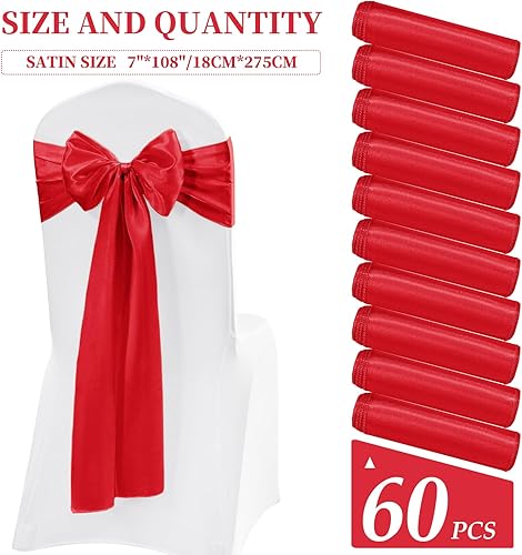 Miniatura 2 de Lykoow Bandas de satén rojo para silla, 60 piezas decorativas para silla, diseño de lazo, para boda, recepción, fiesta, hotel, decoración del hogar