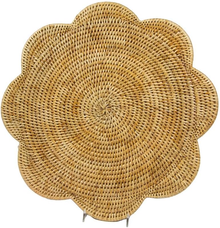 Caspari Rattan Scallop Round Placemat – 16.5" Handwoven Natural Rattan Table Mat, Lacquer Finish, Honey – Single Placemat