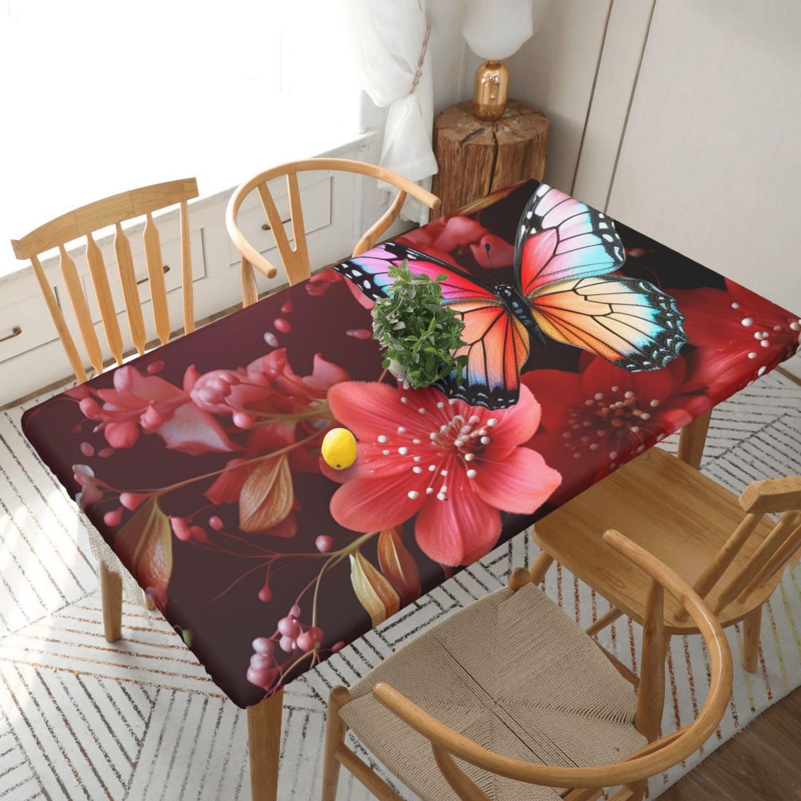 Xzeit Red Flower and Butterfly Rectangle Tablecloth Elastic Fitted Table Covers for 5 Ft Tables Stretch Table Cloths Outdoor Waterproof Table Cloth Cover for Picnic Camping Indoor Outdoor 30