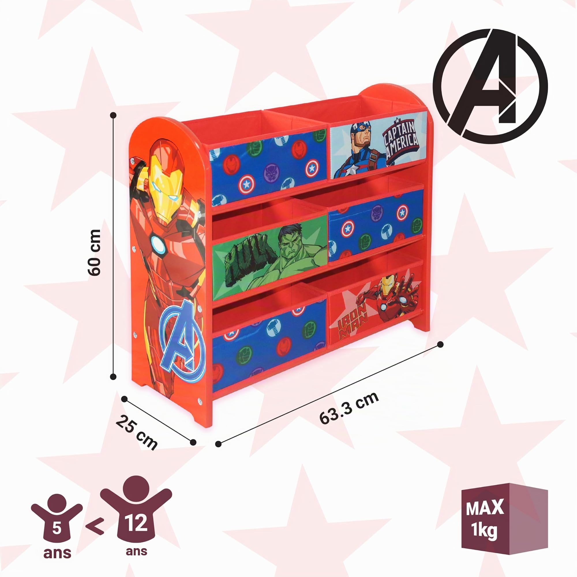 Marvel Avengers Meuble de rangement pour jouets : 6 boîtes de rangement pour chambre à coucher – Fabriqué en bois/tissu/métal – Assemblage et nettoyage faciles
