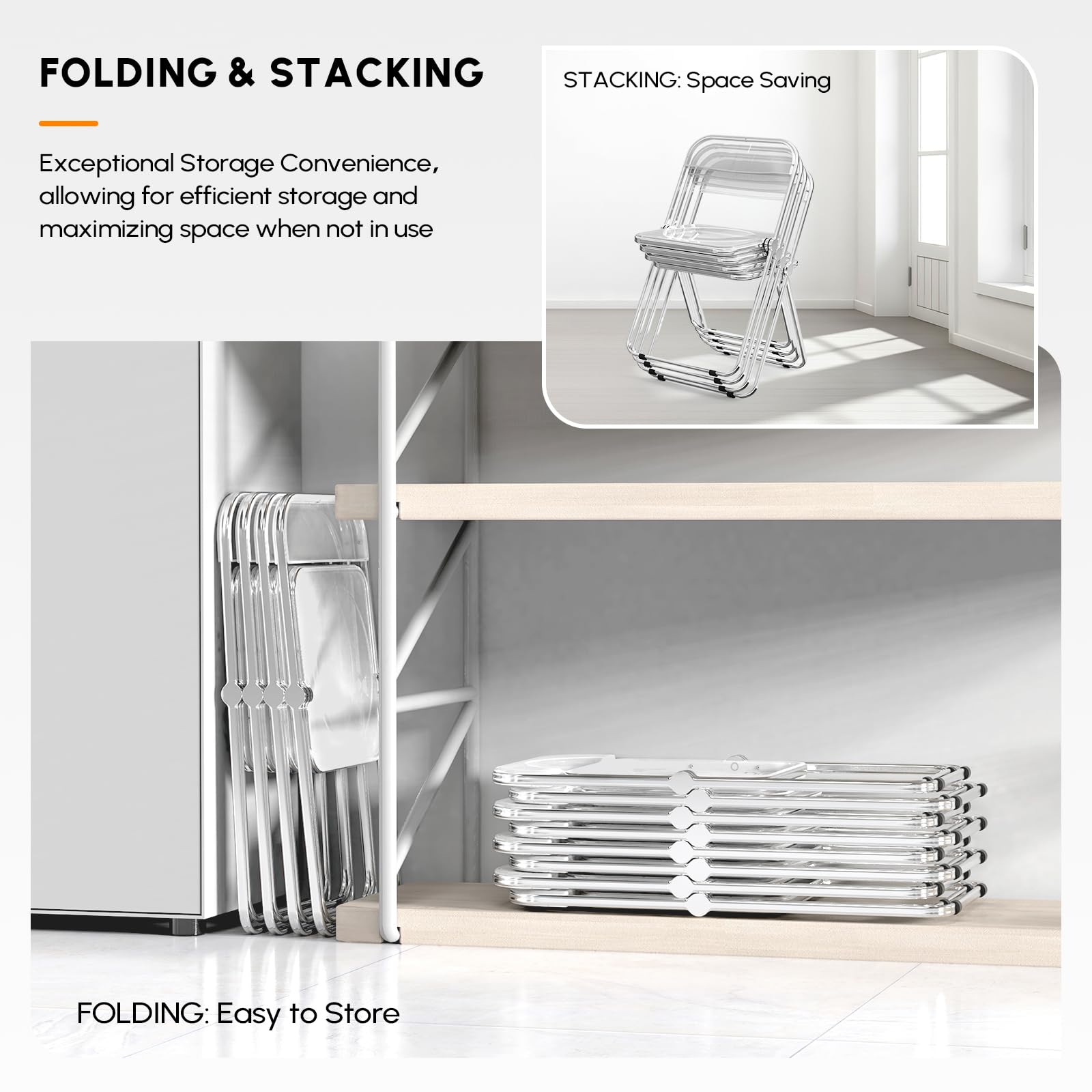 Bonnlo Set 2 Sedie Pieghevoli con Struttura in Acciaio e PET, Seduta Salvaspazio Richiudibile con Piedini, da Viaggio, Cucina, Soggiorno e Conferenza, 47 x 47 x 74 cm, Bianco Trasparente