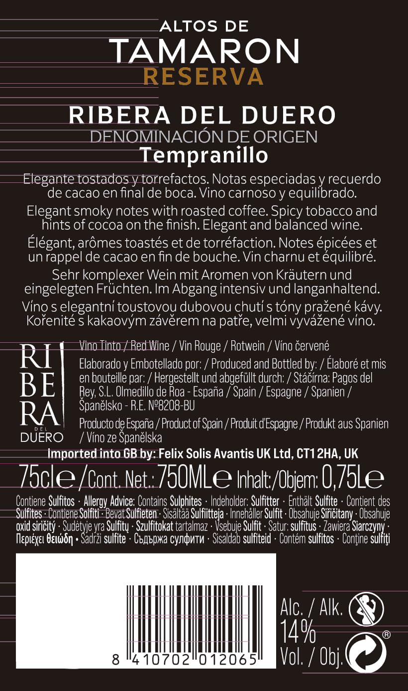Altos De Tamaron Reserva Tinto D, O, Rib, Duero Vino, Paquete de 6 x 750 ml, Total: 4500 ml