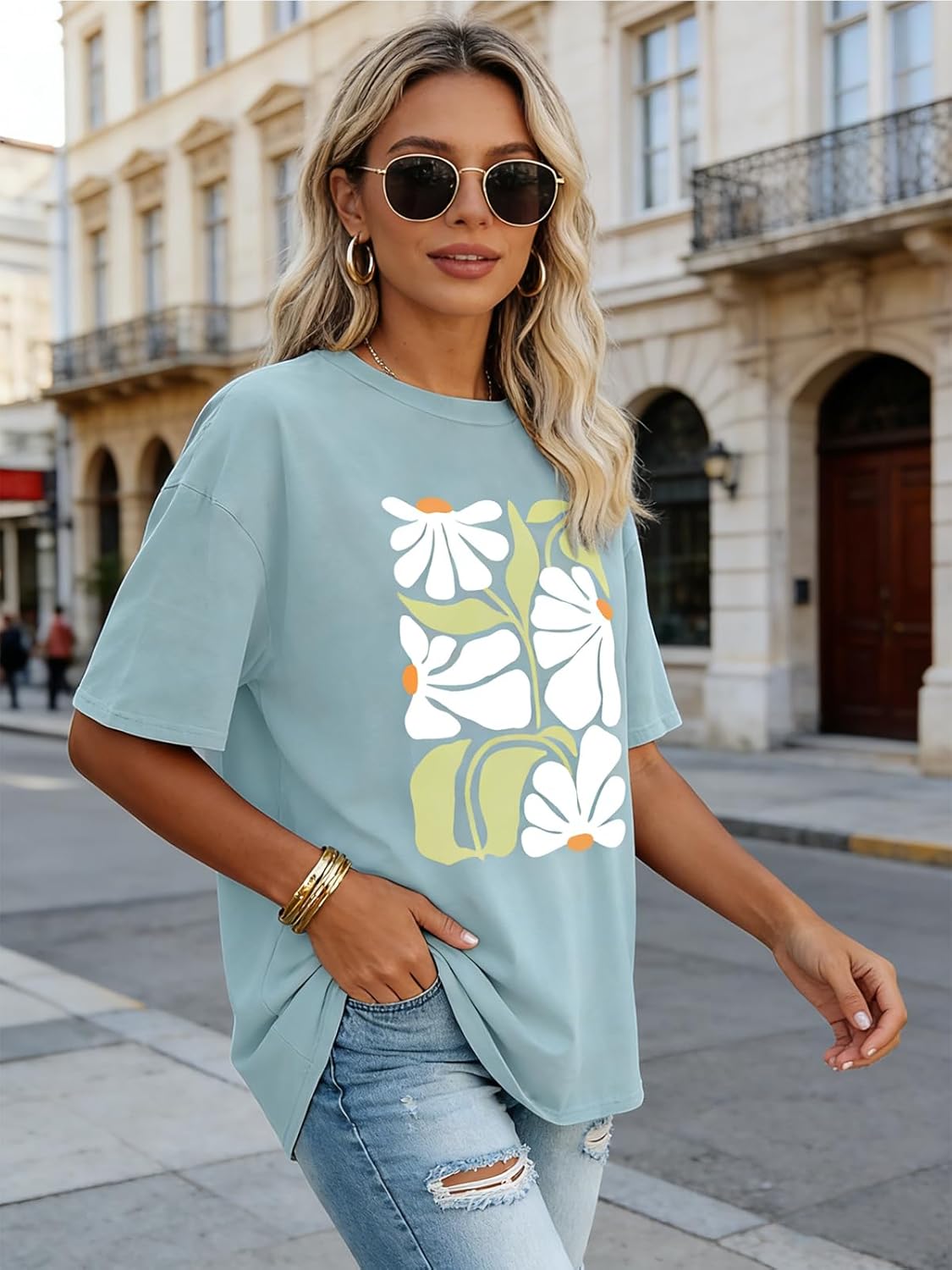 HEYTALALA Women's Oversized Tshirts Wildflower Graphic Tees Crew Neck Summer Short Sleeve Casual Loose Basic Tunic Tops - Image 4