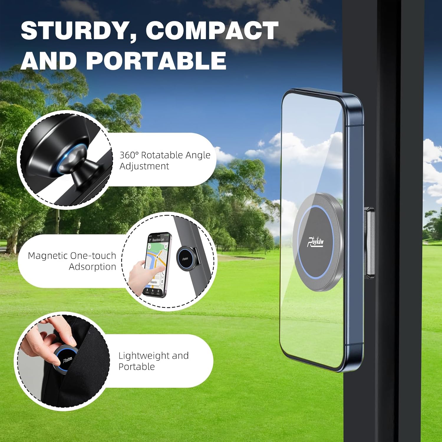 Roykaw Golf Cart Magnetic Phone Holder, Universal Compatible with MagSafe iPhone 12/13/14/15/16, Portable Push Cart Phone Mount with Ultra Strong Magnet for Golf Cart & Gym & Other with Metal-Body