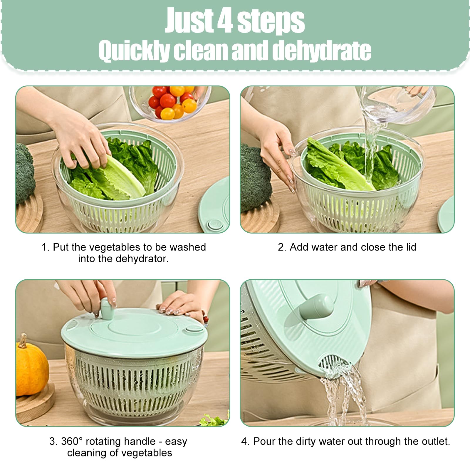 Centrifuga per insalata da 4 l con coperchio, con 6 lame e tagliere, ciotola multifunzione in PET con finestra di visualizzazione, ideale per lavare, asciugare e tagliare frutta e verdura