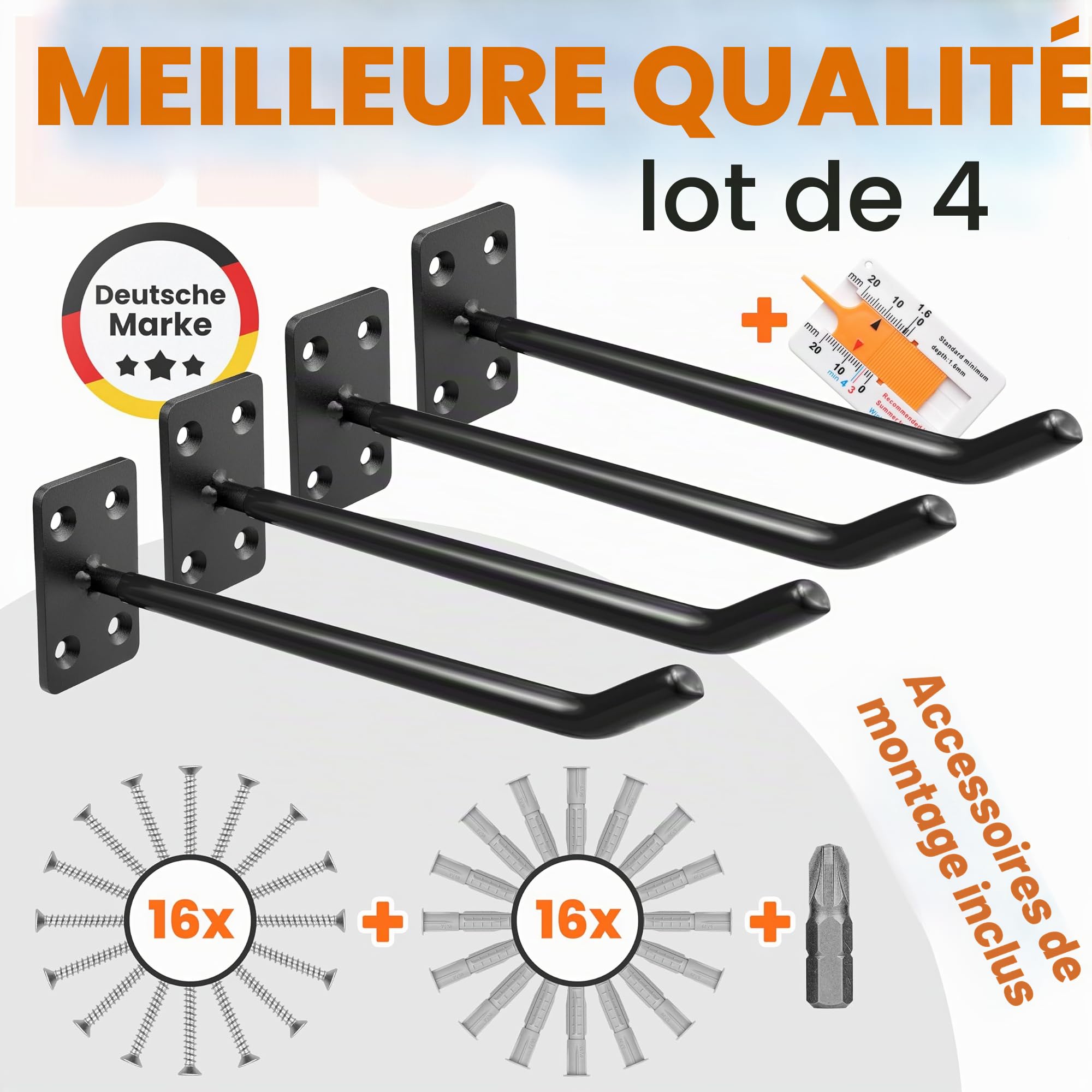 JK Trade® Lot de 4 supports muraux pour pneus de voiture avec vis et chevilles, protège-jantes, crochets muraux à visser pour pneus de voiture, équipements de jardin, jantes en aluminium, capacité de