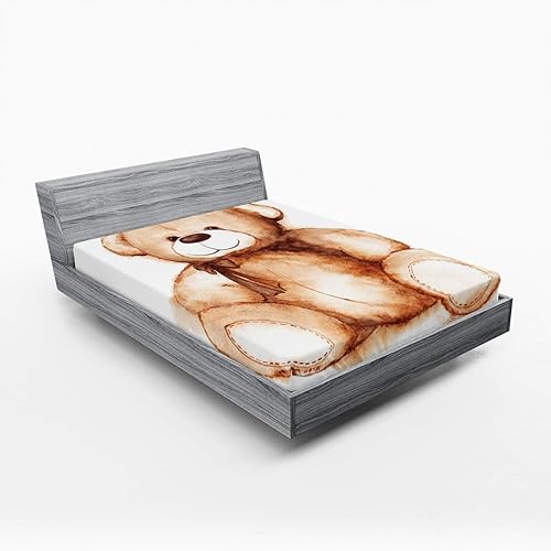 Lunarable Bear Fitted Sheet, Watercolor Teddy Bear with a Ribbon in Earth Tones, Bed Cover with All-Round Elastic Deep Pocket for Comfort, King