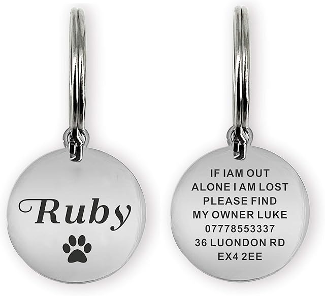 ID Tag for Dog Cat Pet Personalised Dog Tag Dog Collar ID Tag Collar for Dogs Cats Pets Custom Any Text (Silver, Round)