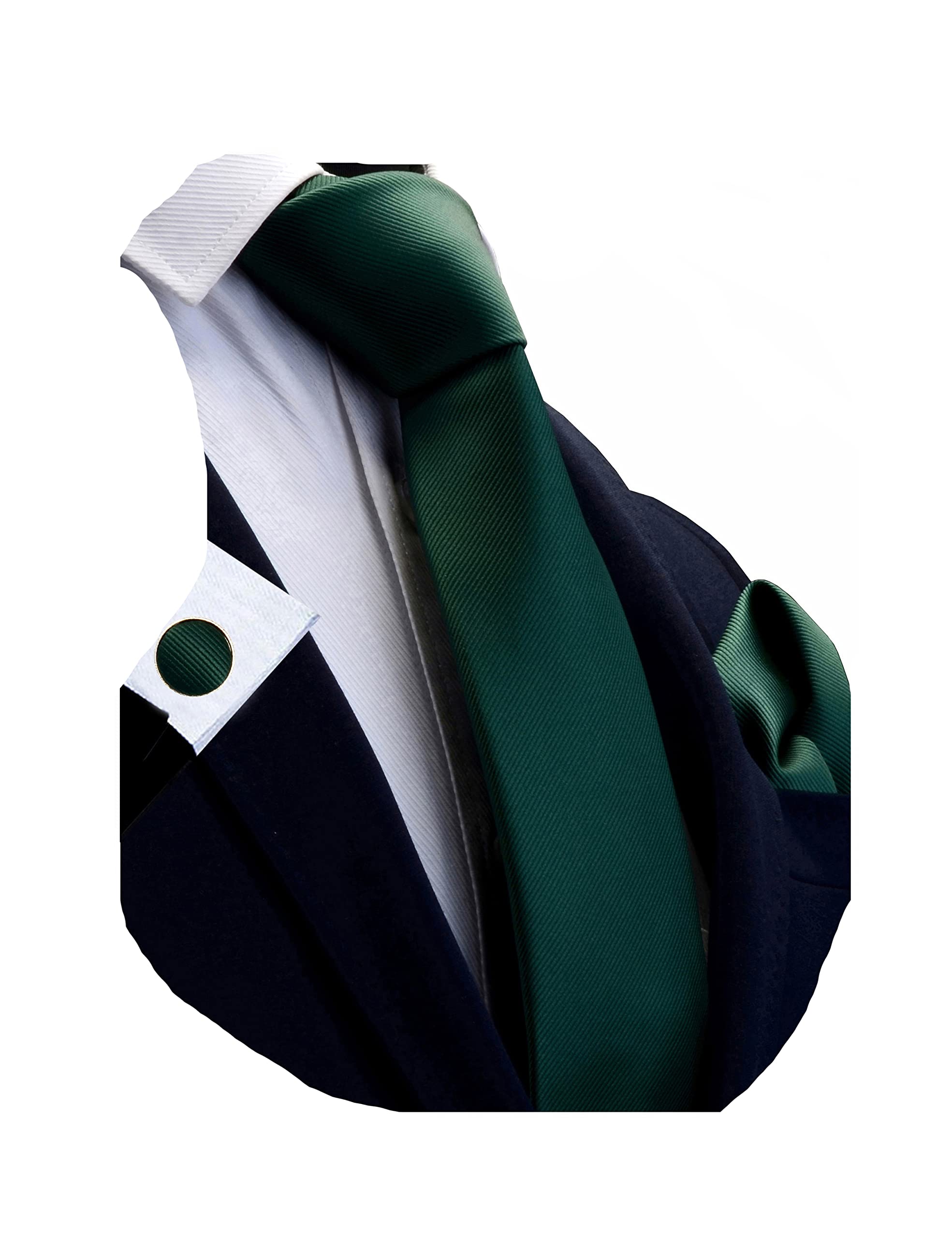 Gusleson Brand Solid Dark Green Wedding Ties For Men Neckties and Pocket Square Cufflinks Sets(UK0789-02)