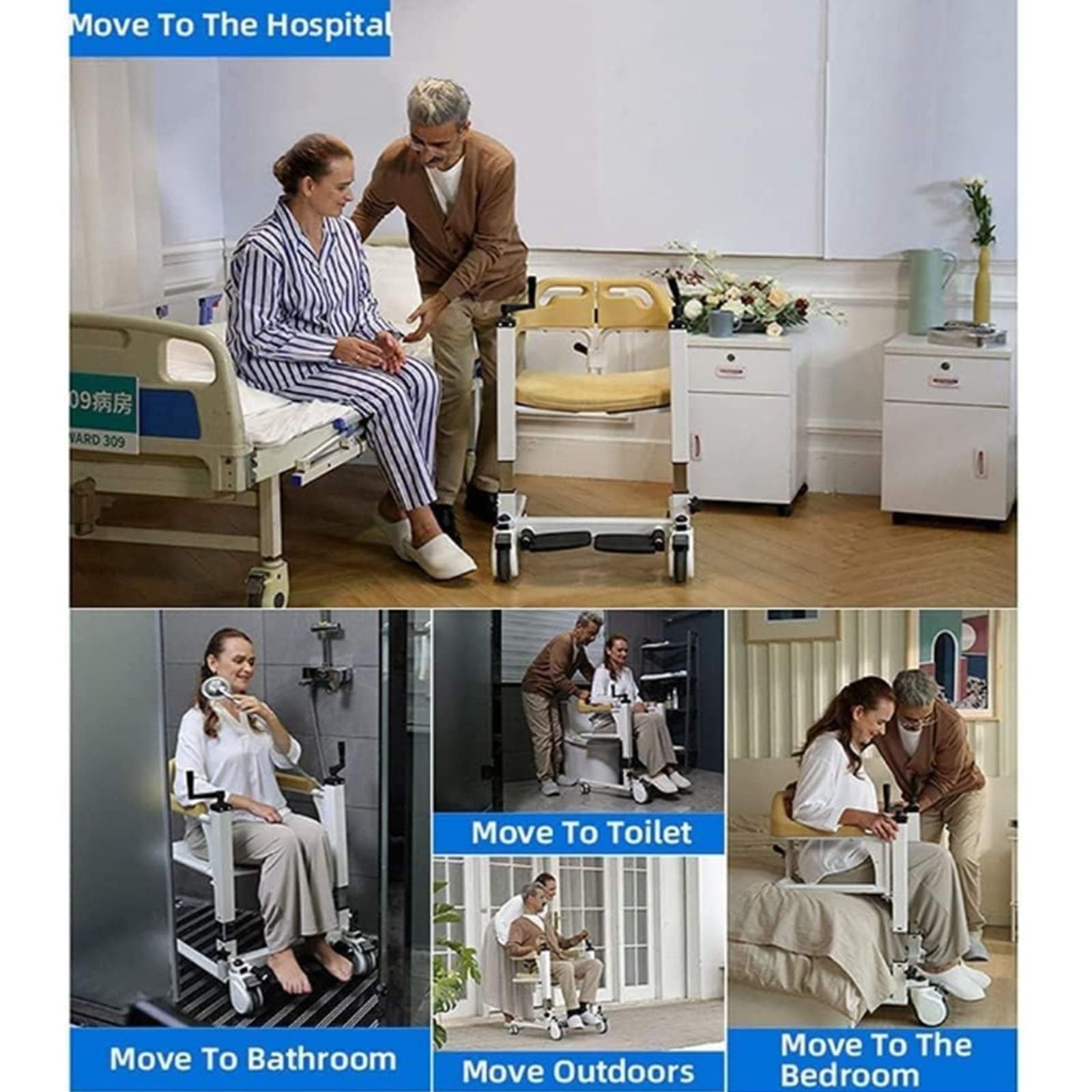 Silla De Transferencia De Pacientes 4 En 1 con Asiento Dividido De 180 ° Silla De Elevación De Dirección Flexible De 360 °, Silla De Ruedas Elevadora De Transferencia para Personas