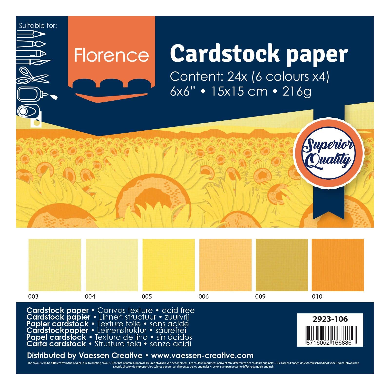Vaessen Creative Florence Papier do scrapbookingu, 216 g, 6 x 6 x 24 arkuszy, wielopak, żółty, papier, wielokolorowy, 15 x 15 x 0,8 cm