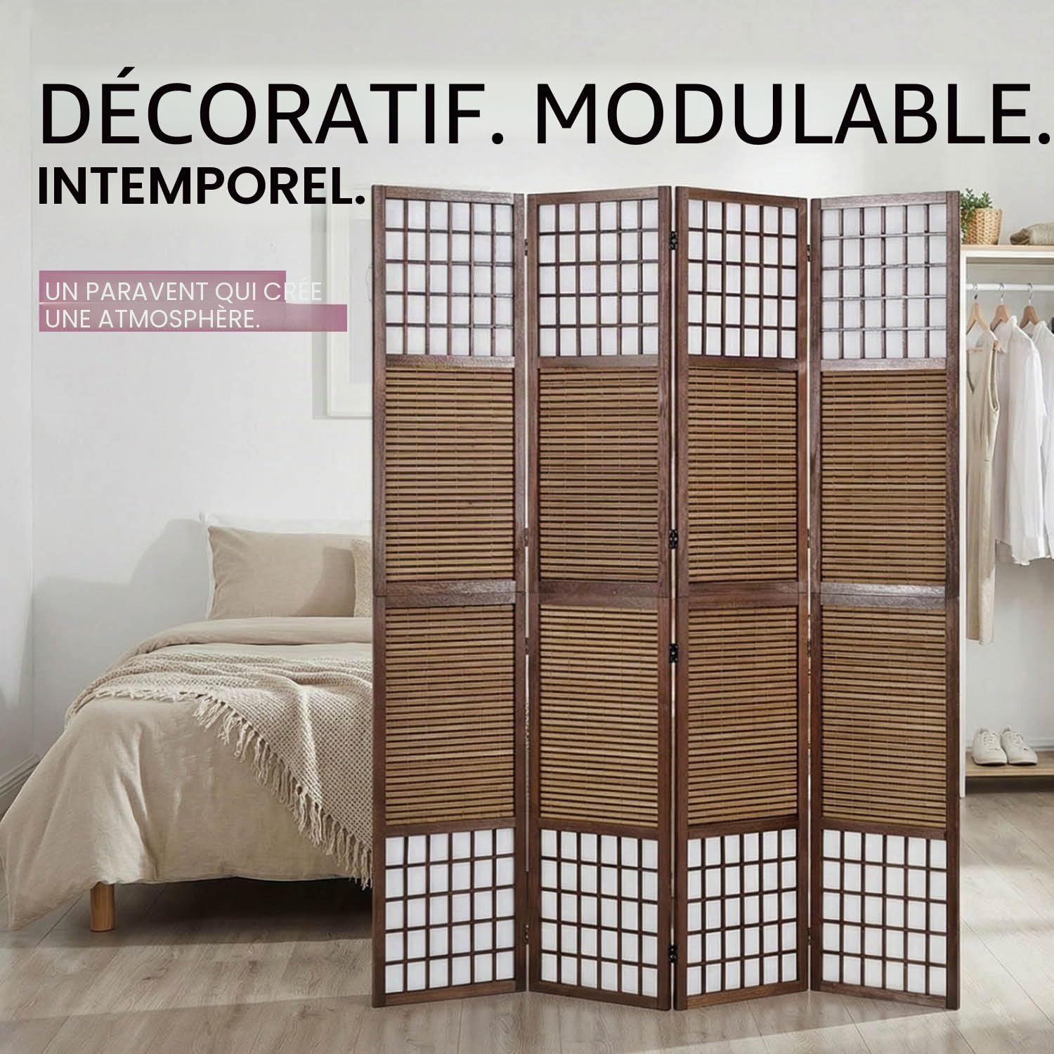 Homestyle4u 876, 4 pan Diviseur de pièce paravent Taille spéciale 2 m de Hauteur - Bois diviseur Shoji avec Bambou au Riz Brun Blanc