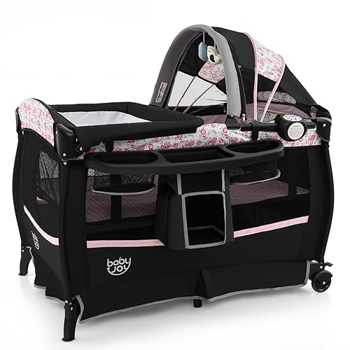 BABY JOY 4 en 1 Pack and Play, corralito portátil para bebé con moisés y mesa cambiadora abatible, toldo, moisés infantil con cesta de