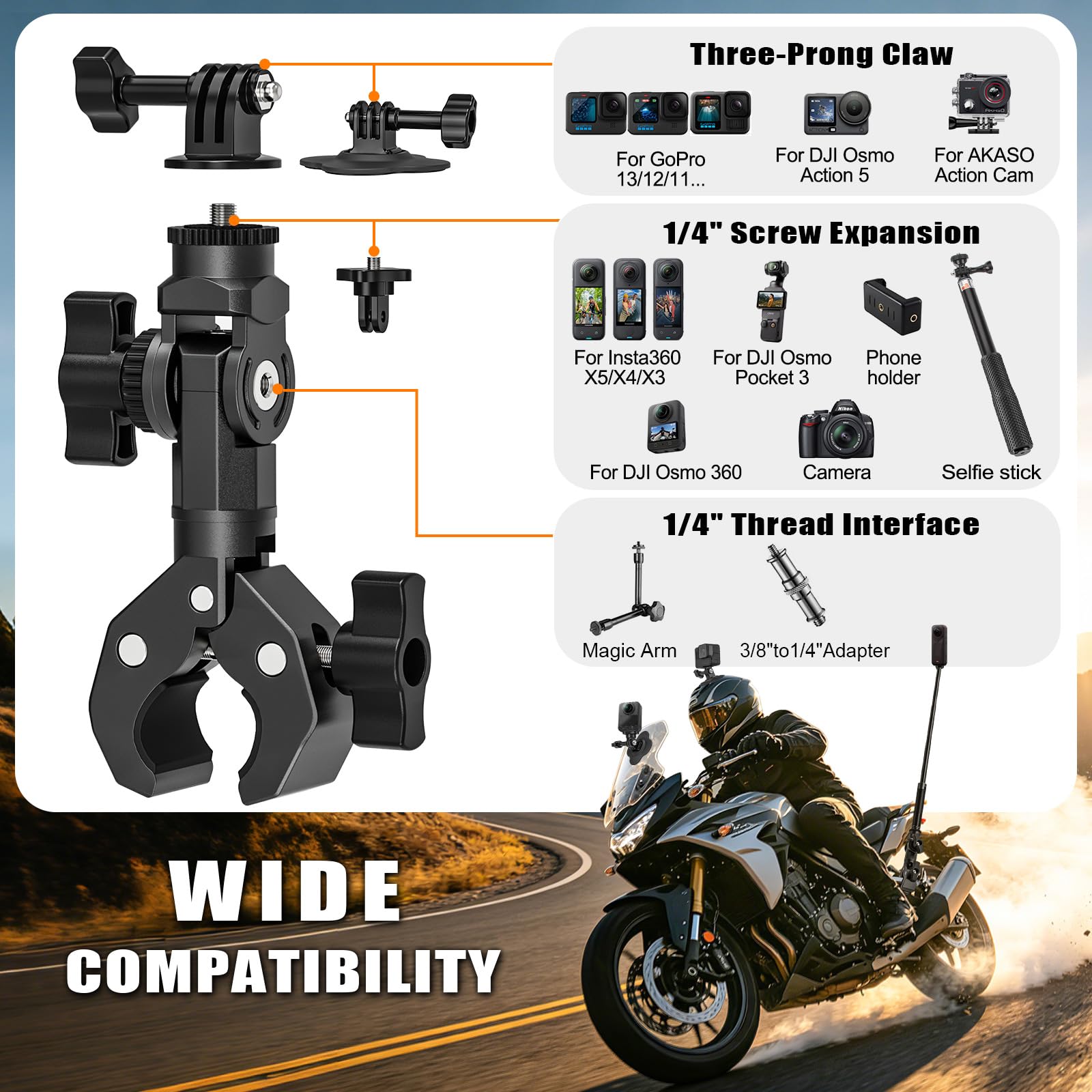 Supporto da moto per Insta 360 X5 X4 X6 GoPro Hero 13 DJI Pocket | Supporto a morsetto per manubrio di moto e 2 supporti adesivi flessibili per casco Insta360 X3 One X2 DJI Osmo Pocket 4/3