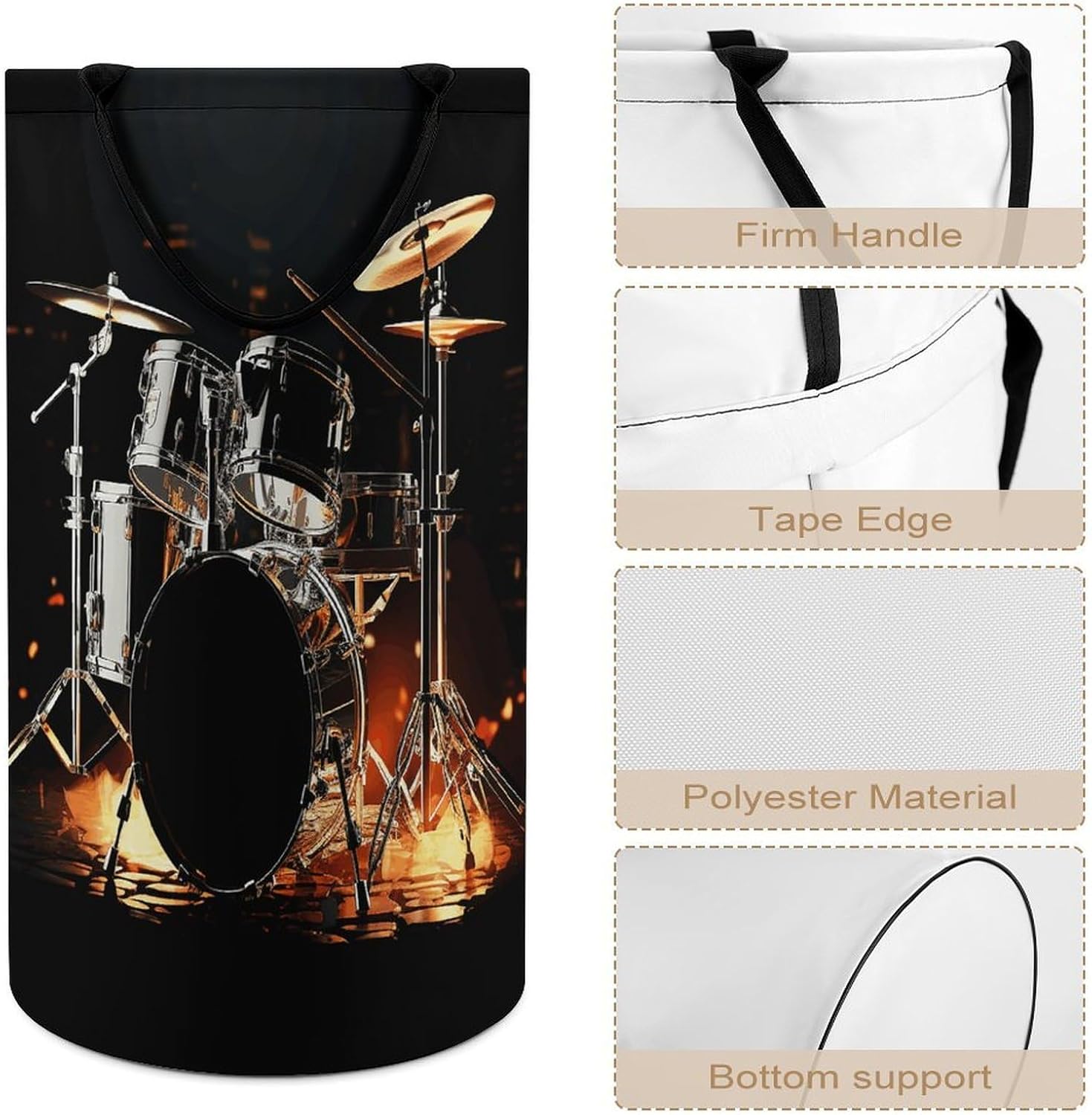 Drummer Laundry Hamper with Handles Waterproof Collapsible Laundry Basket Large Lightweight Round Dirty Clothes Hamper for Home Dorm Bathroom Decor