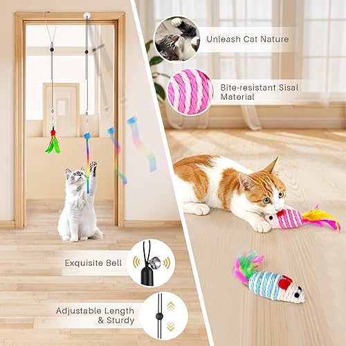 Miniatura 3 de HONGDDY Juguetes para gatos de interior, 14 juguetes interactivos 4 en 1 para gatos, varita colgante para puerta con ventosa, bolas de plumas