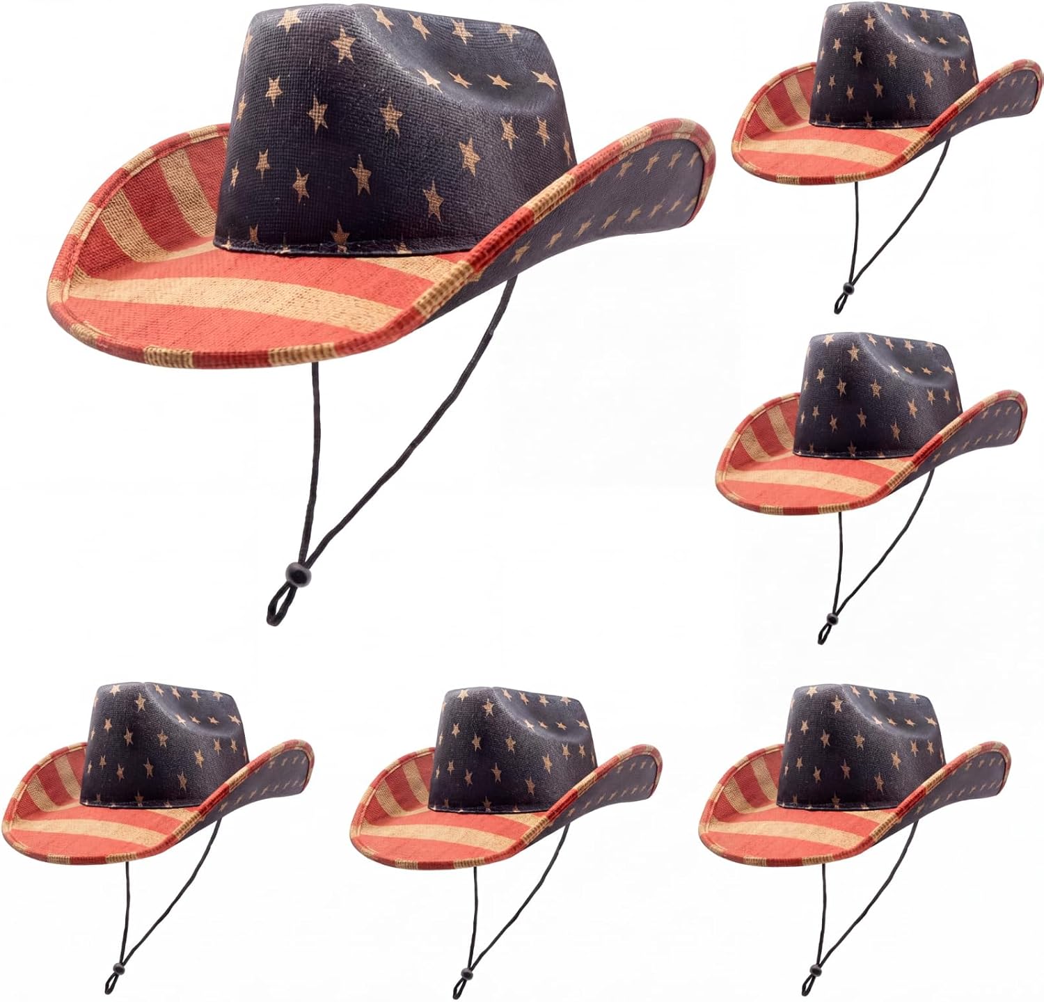 Chicingyou 6 Pack 4th of July American Flag Cowboy Hats 250th Anniversary Hats Vintage Tea-Stained Small 21" with Chin Straps Patriotic Western Style for Independence Day Party