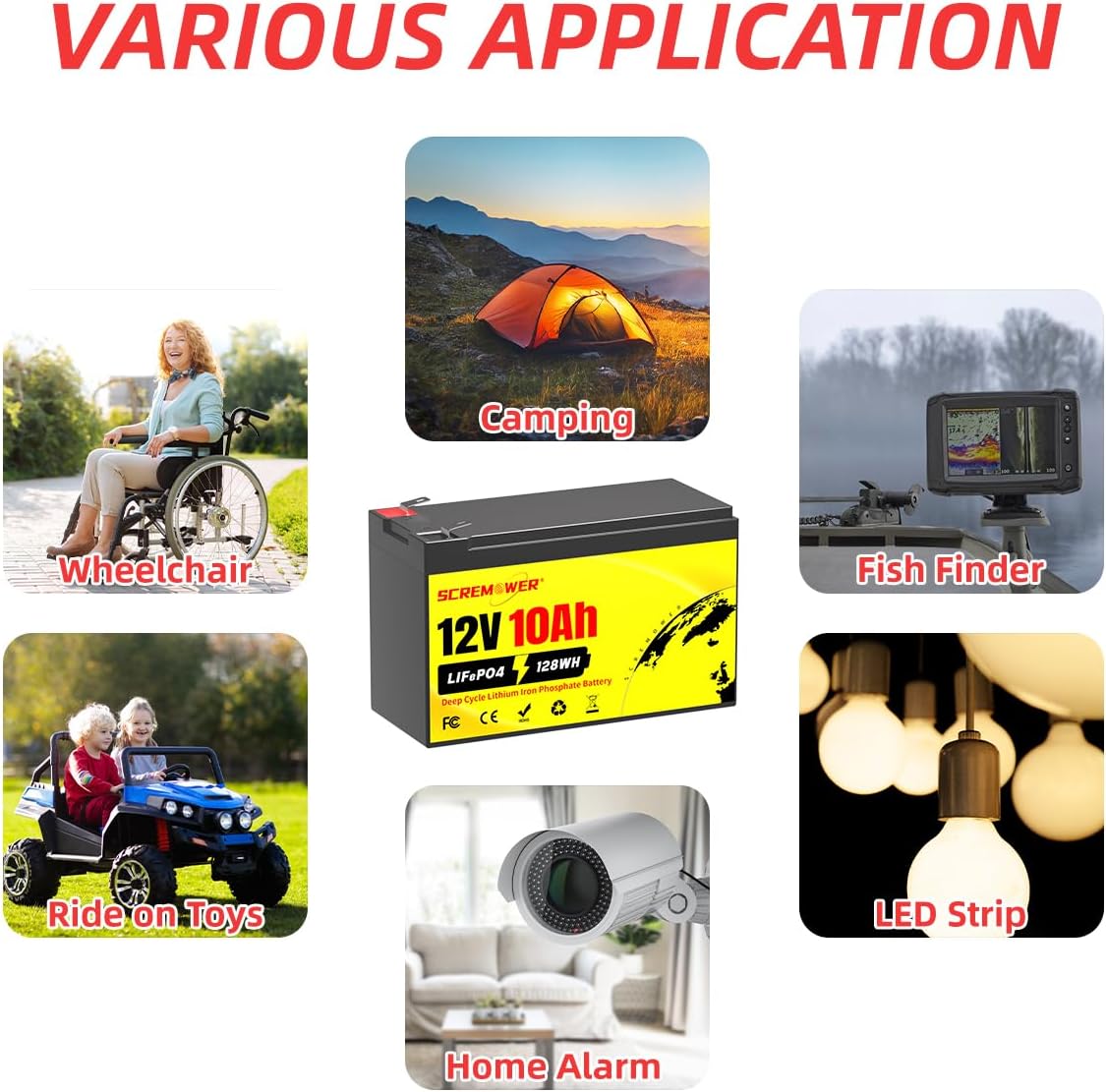 12V 10Ah LiFePO4 Deep Cycle Lithium Battery - 5000+ Cycles, Built-in BMS - Compatible with Fishfinder, Power Wheels, Lawn Mower, Cyberpower UPS, Lighting & Backup Power Systems