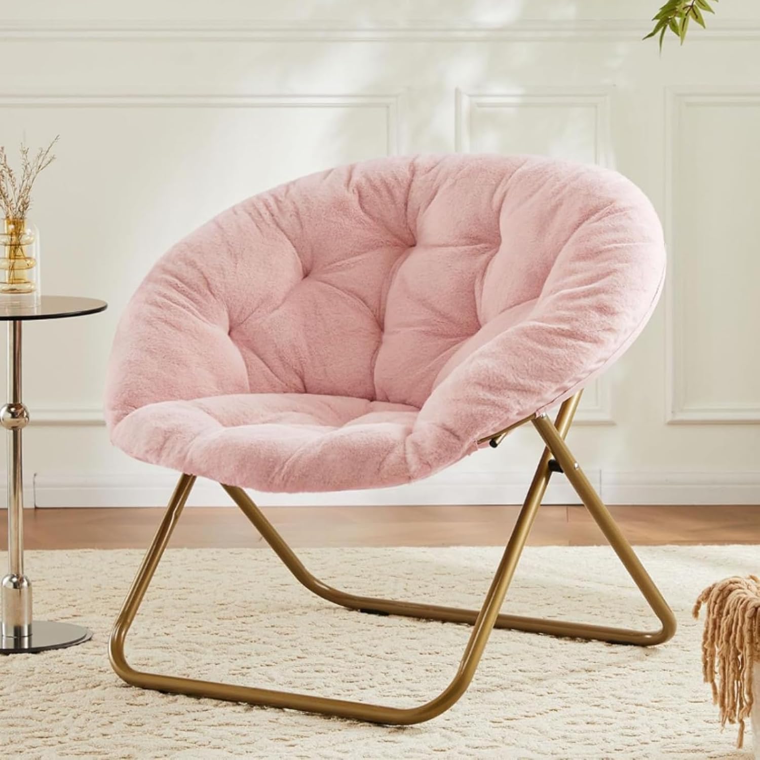 YSSOA Comfy Saucer Chair, Foldable Living Room Chairs, Soft Faux Fur Lounge Chair, Accent Chair for Bedroom, Reading Chairs for Adults, Teens, Kids, X-Large, Pink